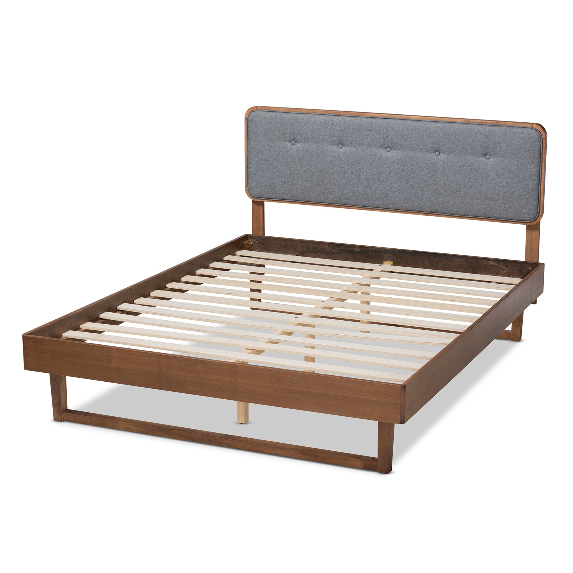 Natalia Queen Bed Dark Grey Fabric, Ash Walnut Mid-Century Modern