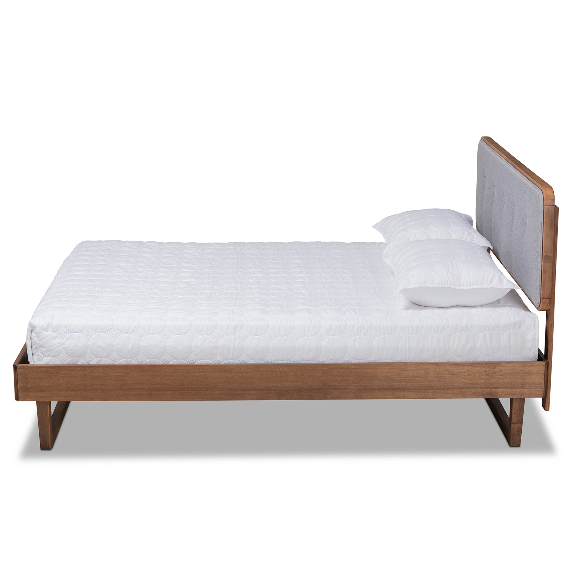 Natalia Mid-Century Modern Light Grey Fabric Upholstered and Ash Walnut Finished Wood Queen Size Platform Bed