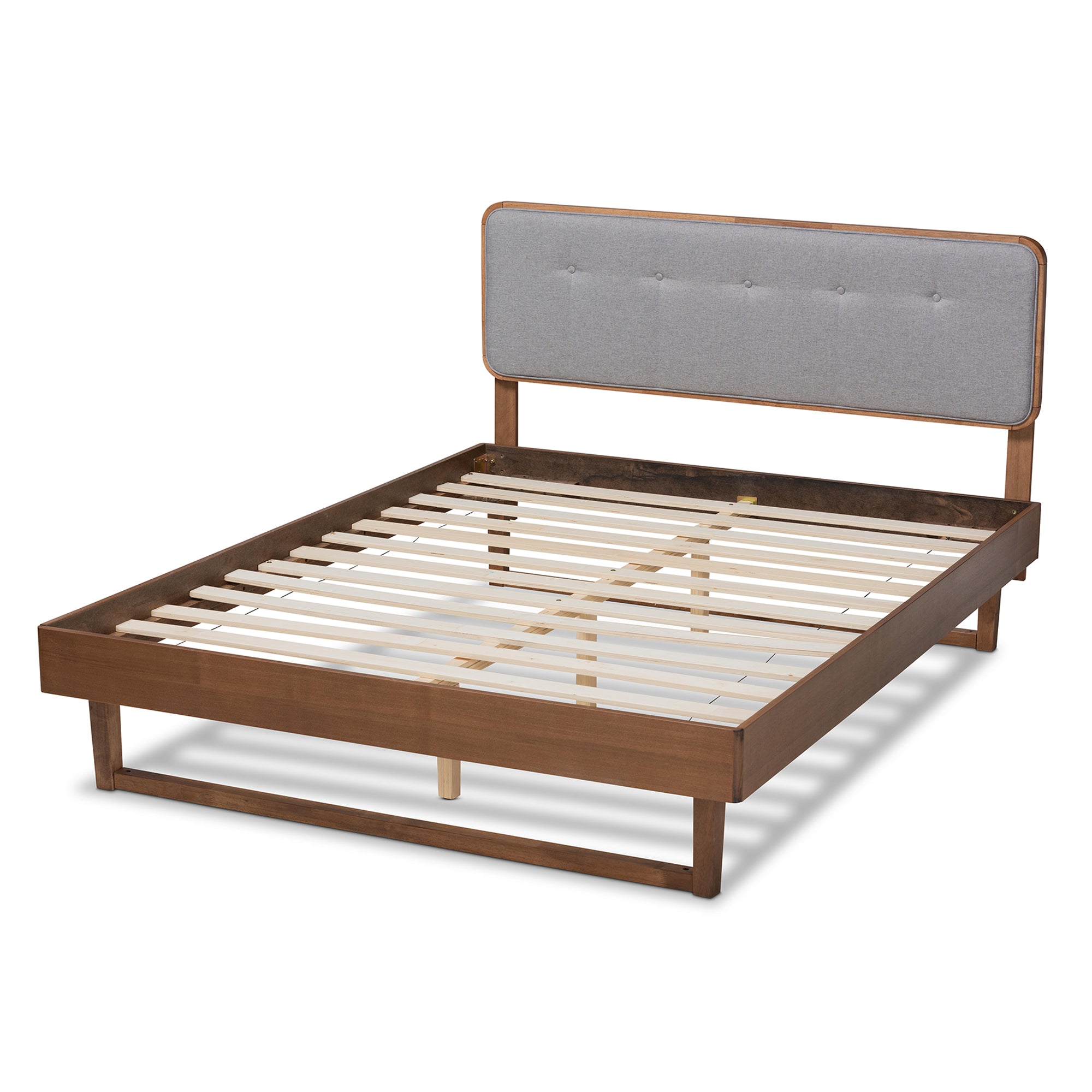 Natalia Mid-Century Modern Light Grey Fabric Upholstered and Ash Walnut Finished Wood Queen Size Platform Bed