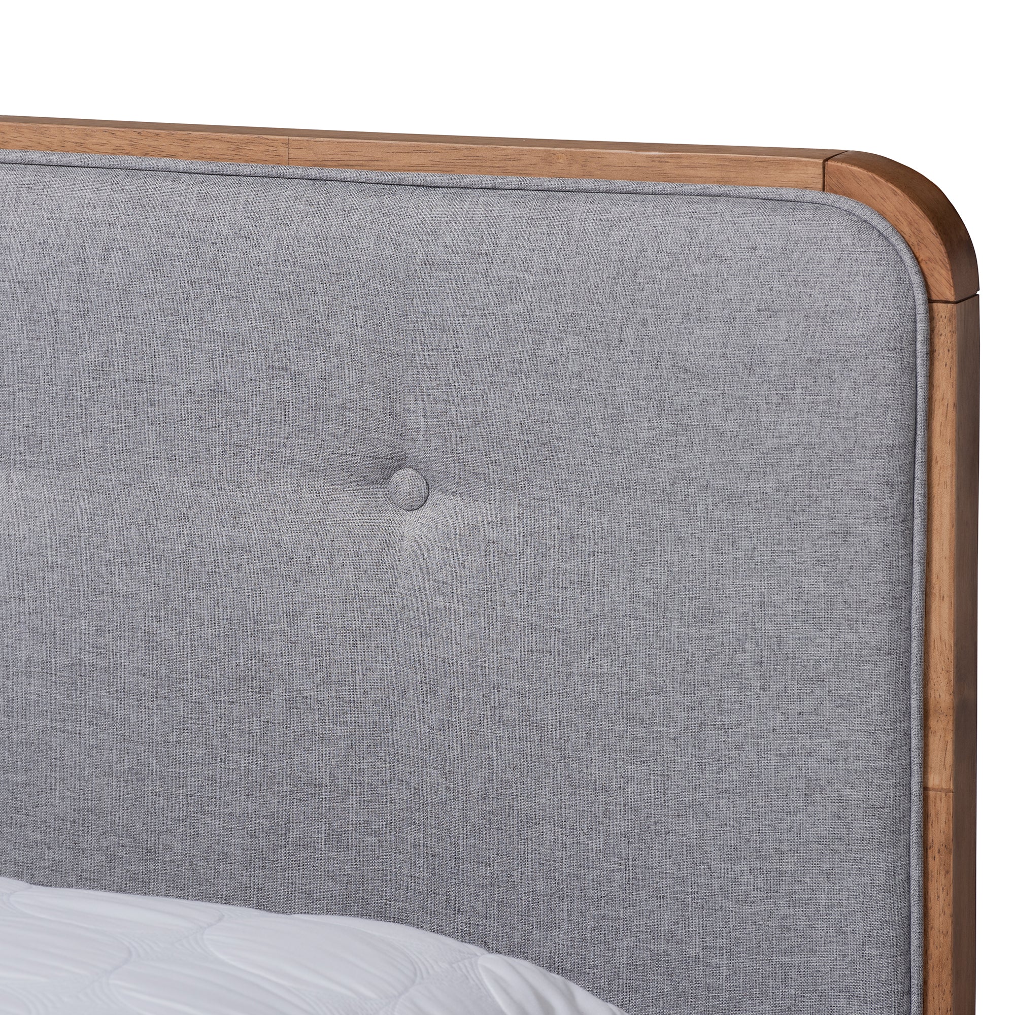 Natalia Mid-Century Modern Light Grey Fabric Upholstered and Ash Walnut Finished Wood Queen Size Platform Bed