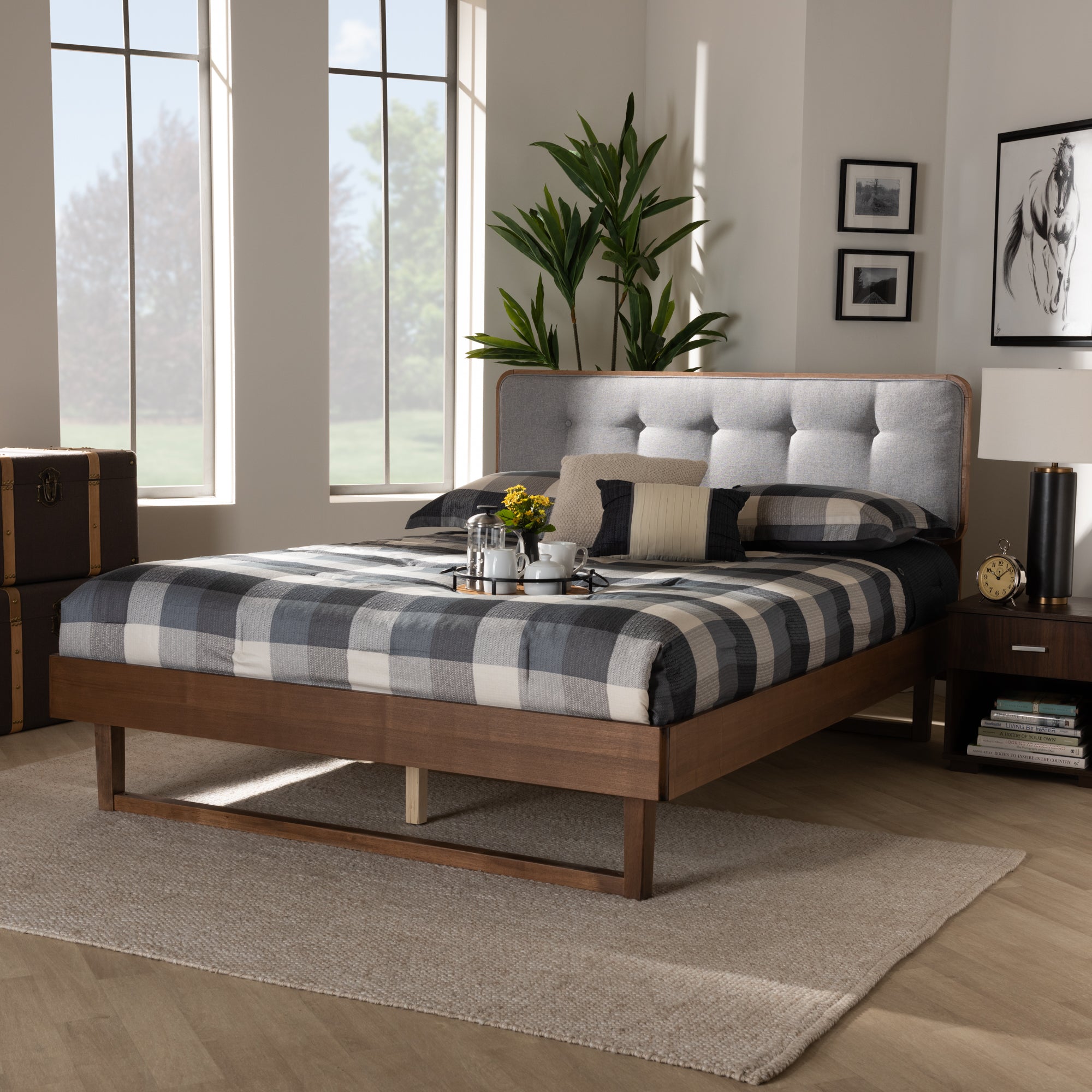 Natalia Mid-Century Modern Light Grey Fabric Upholstered and Ash Walnut Finished Wood Queen Size Platform Bed