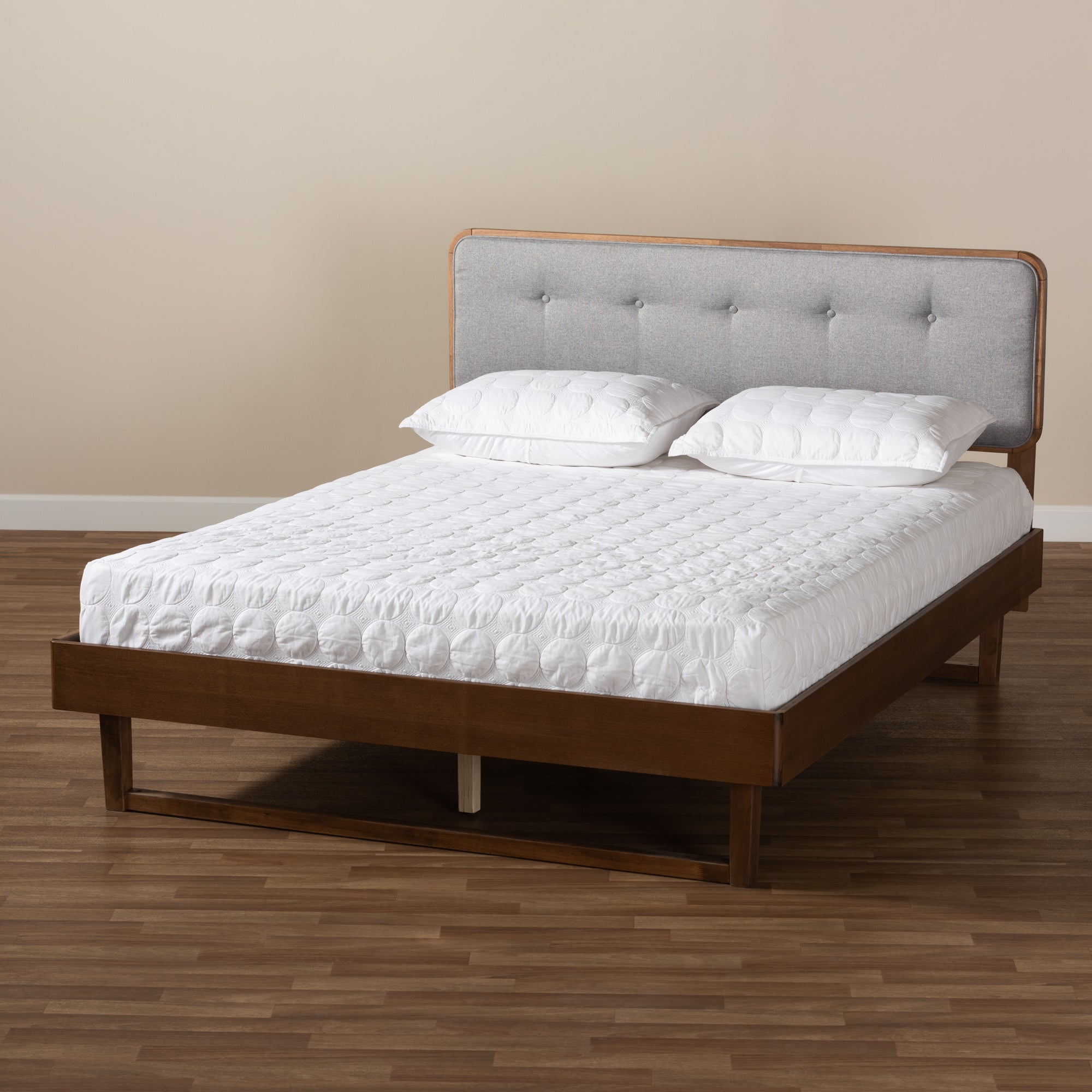Natalia Mid-Century Modern Light Grey Fabric Upholstered and Ash Walnut Finished Wood Queen Size Platform Bed