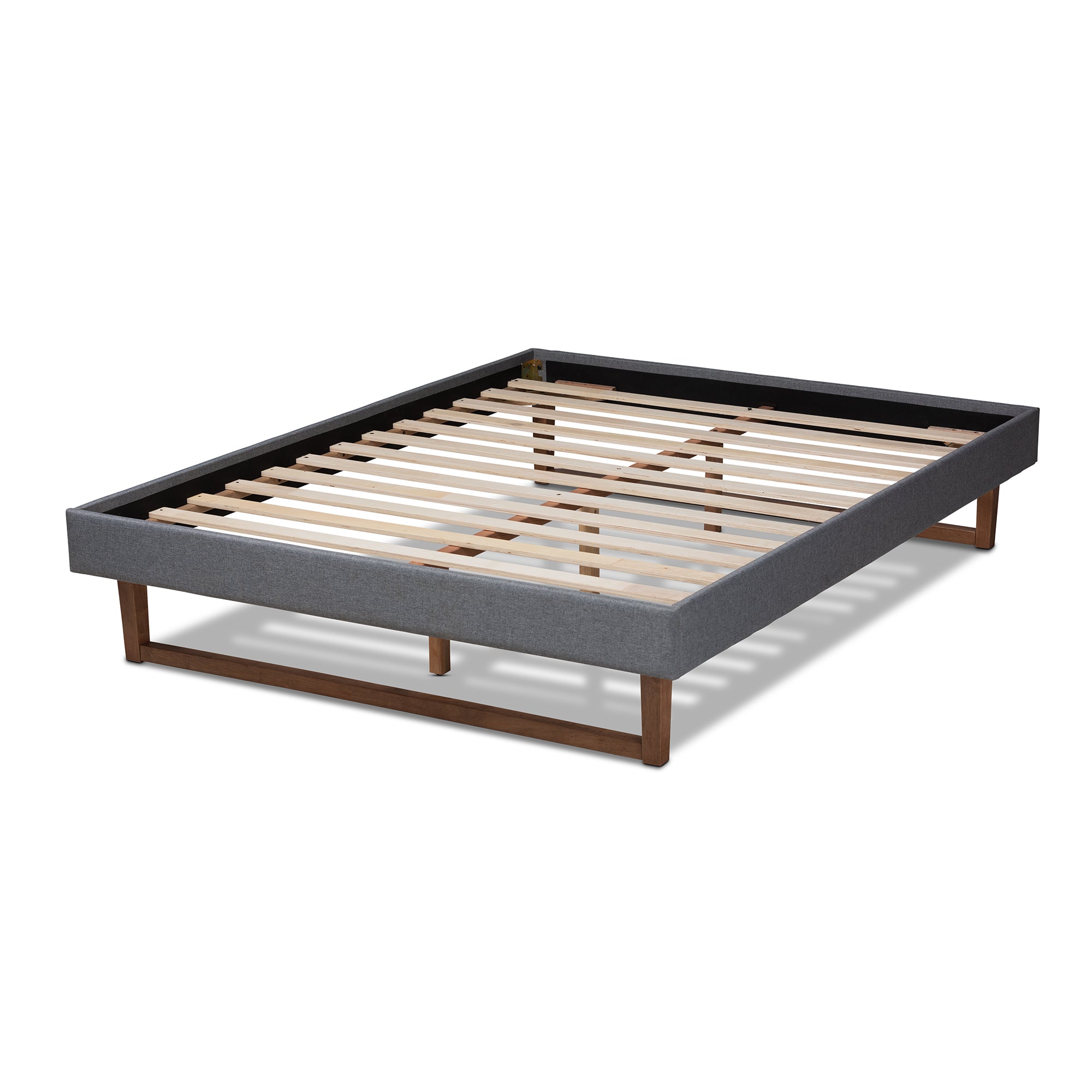 Liliya Queen Size Bed Mid-Century Dark Grey Fabric & Walnut Wood