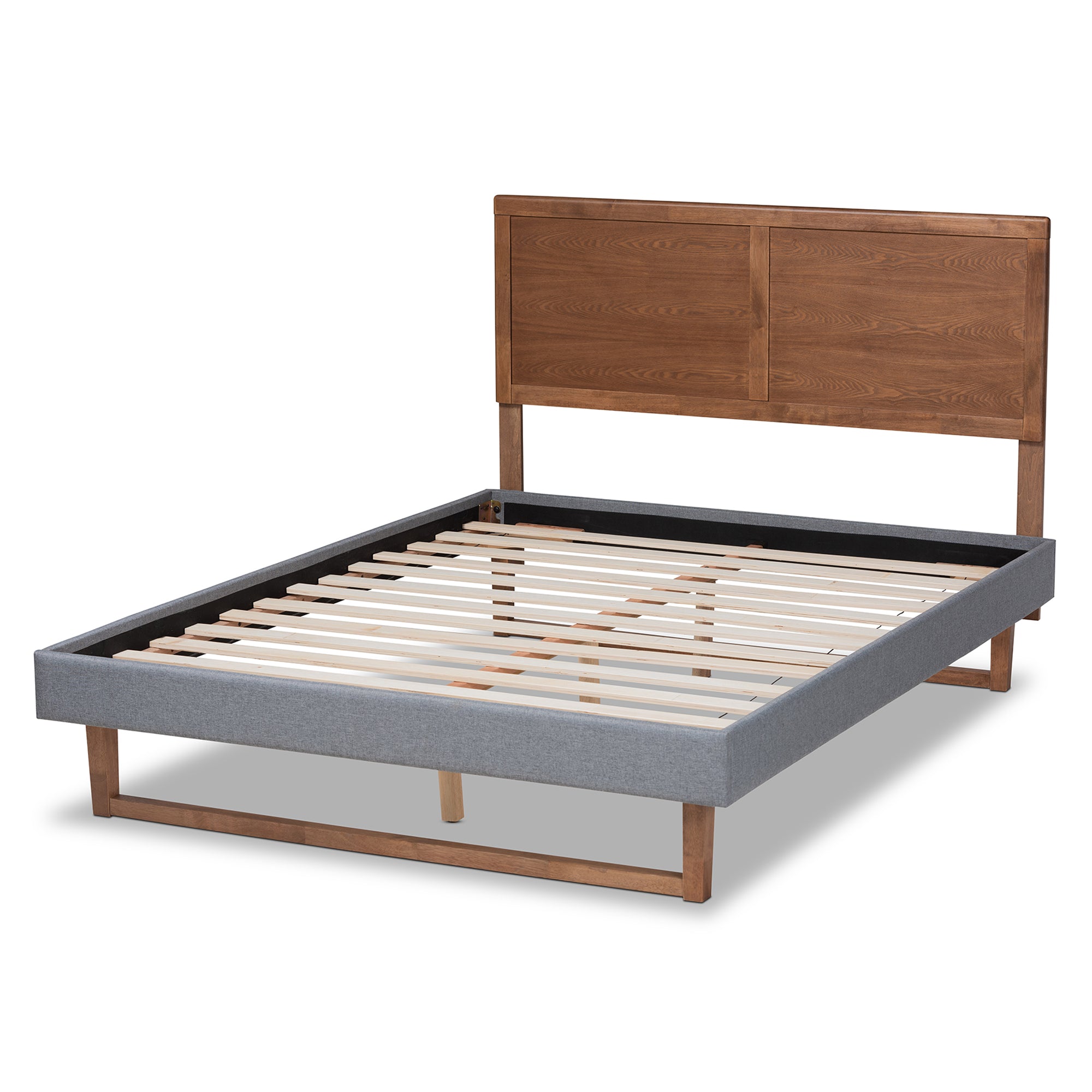 Allegra Dark Grey Fabric And Ash Walnut Brown Finish Wood Queen Size Bed