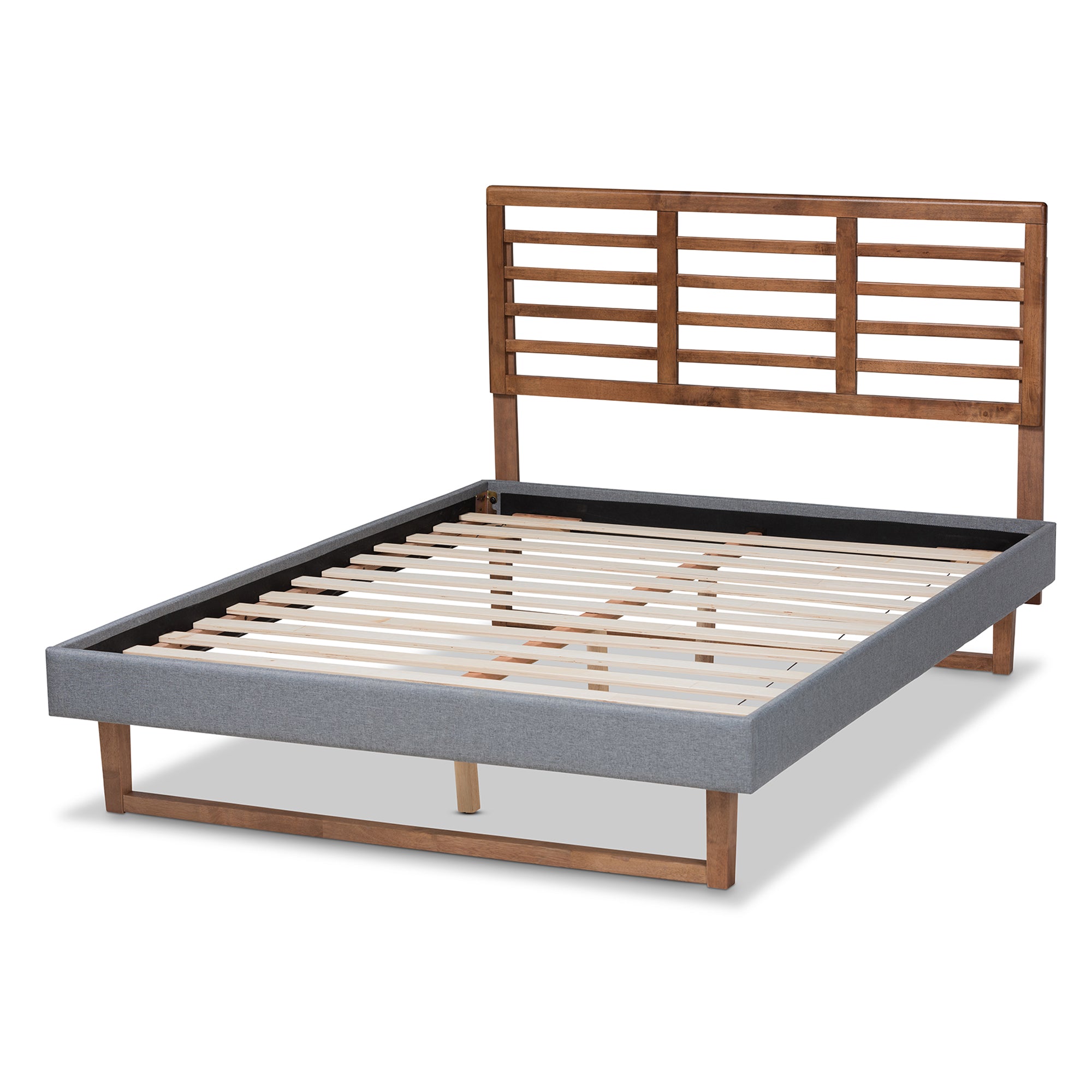 Rina Dark Grey Fabric and Ash Walnut Brown Finished Queen Size Bed