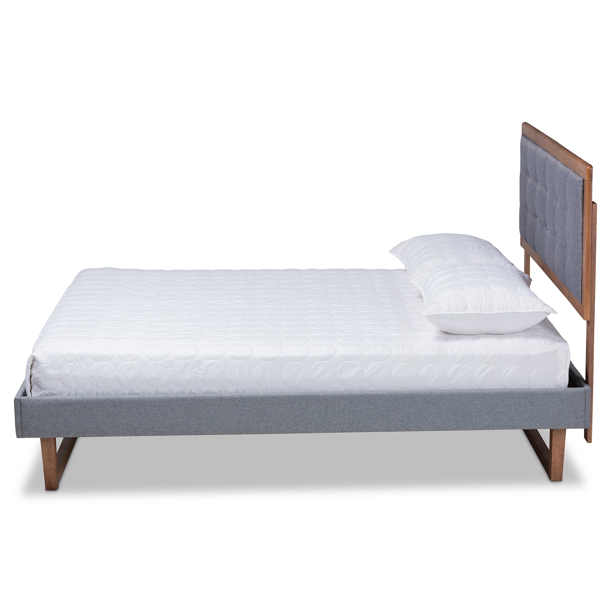 Emele Dark Grey Fabric and Ash Walnut Brown Finished Wood Queen Size Bed