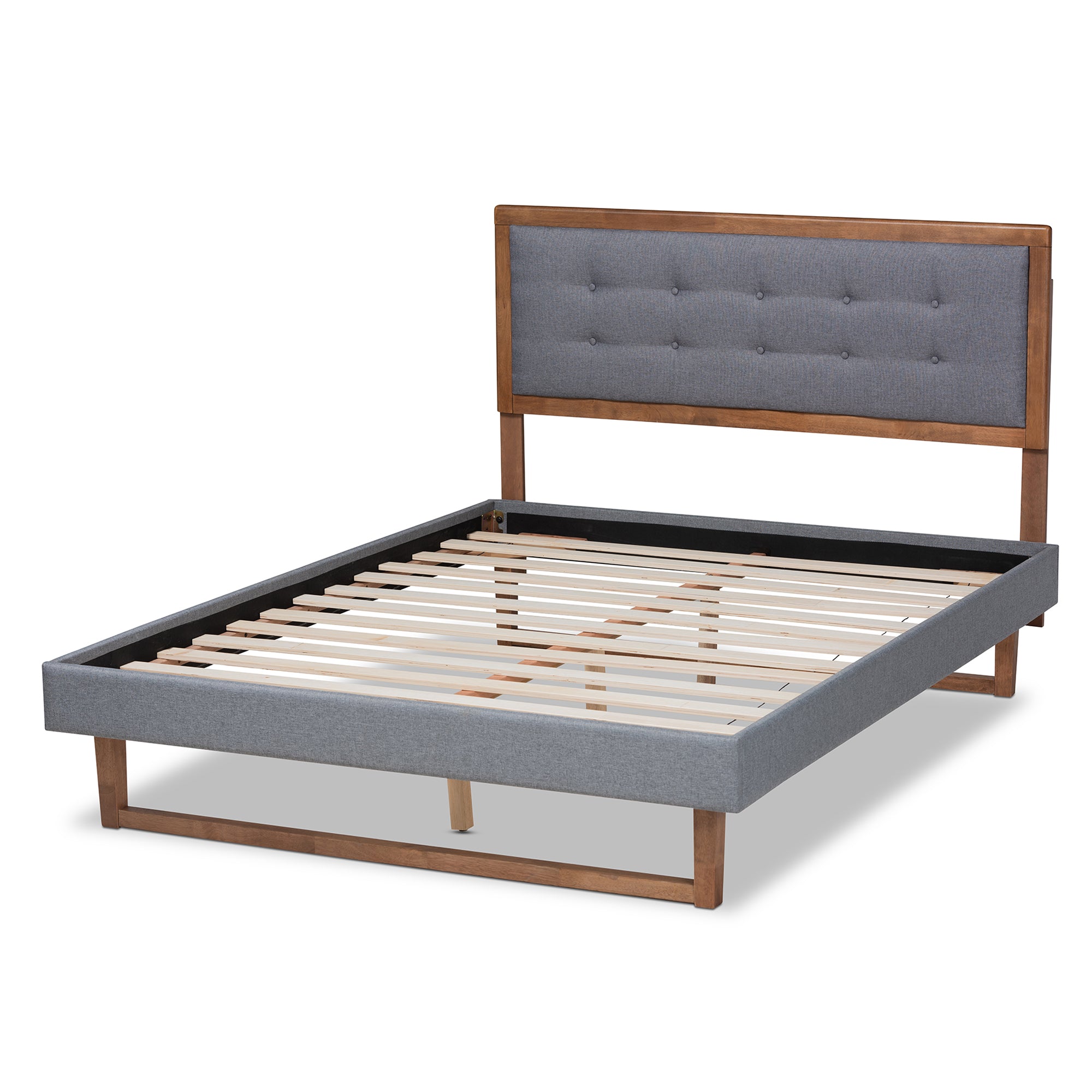 Emele Dark Grey Fabric and Ash Walnut Brown Finished Wood Queen Size Bed