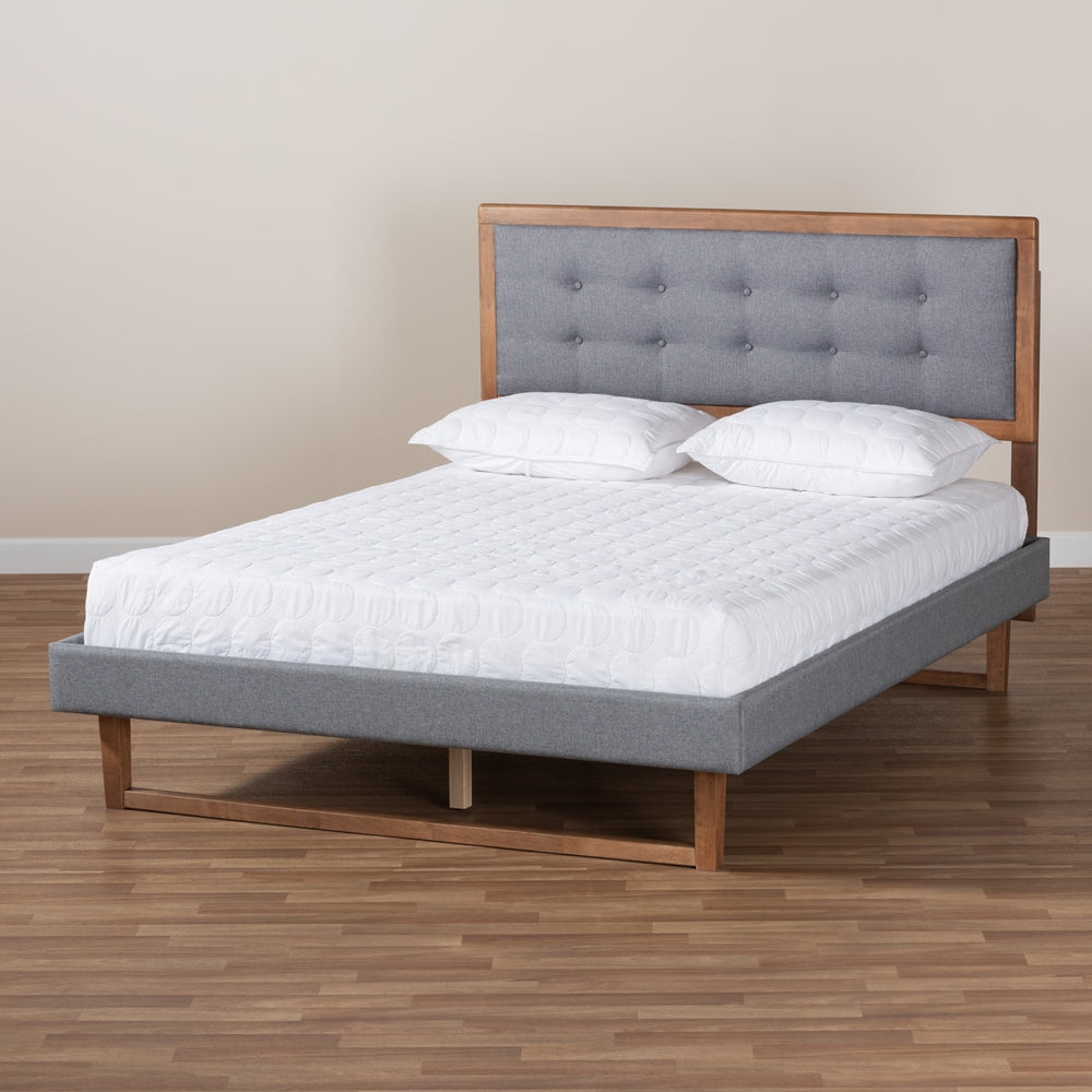 Emele Dark Grey Fabric and Ash Walnut Brown Finished Wood Queen Size Bed
