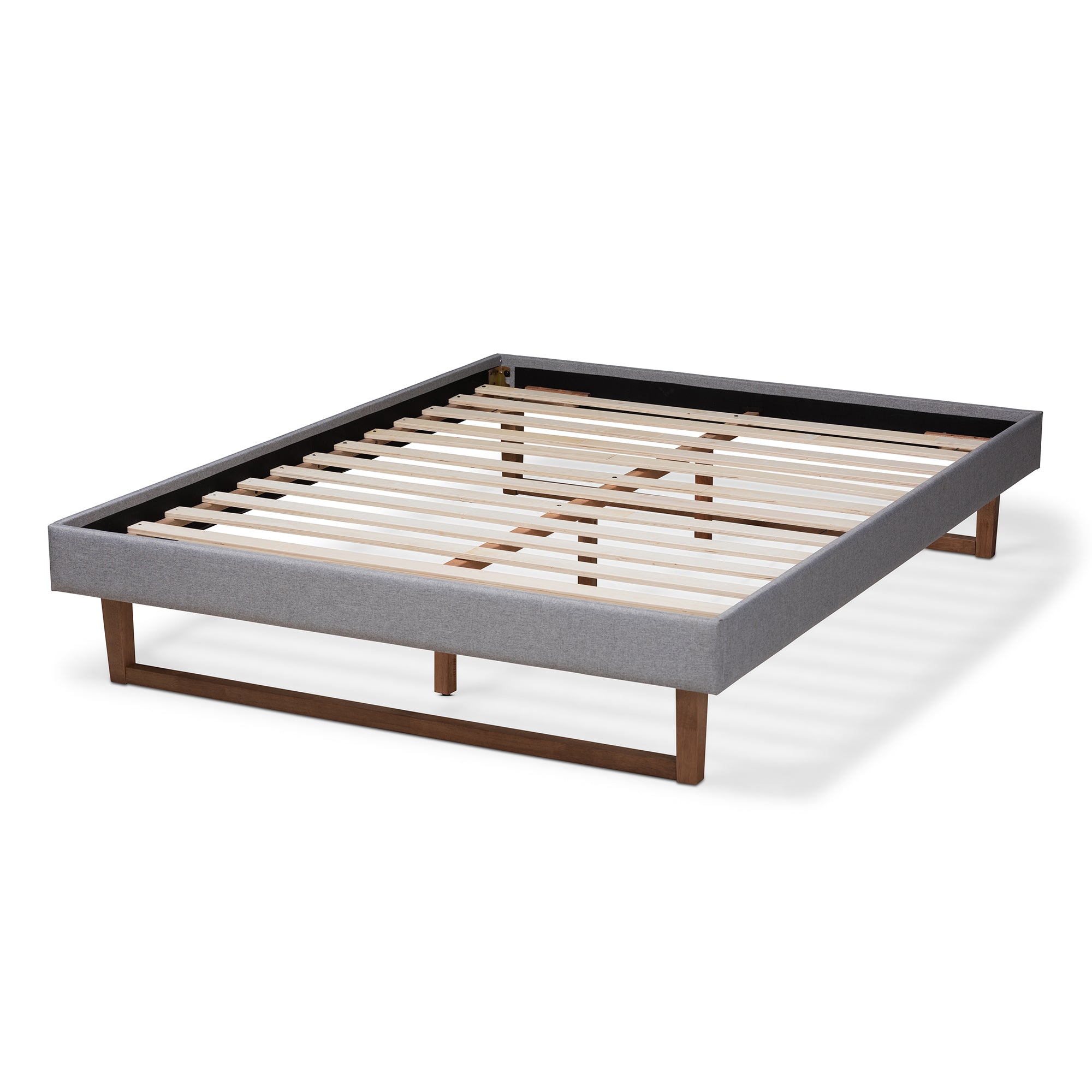 Liliya Mid-Century Modern Light Grey Fabric Upholstered Walnut Brown Finished Wood Full Size Platform Bed Frame