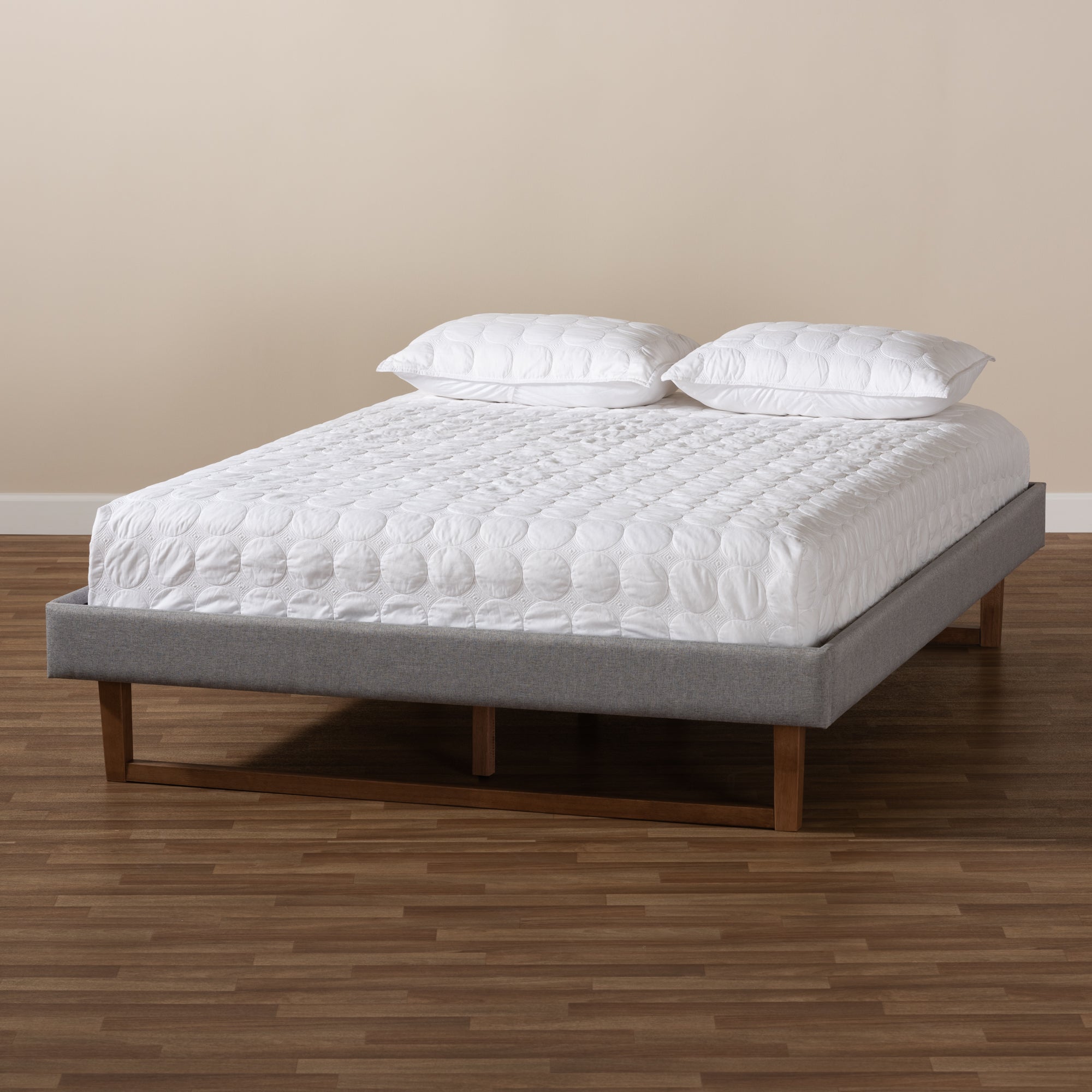Liliya Mid-Century Modern Light Grey Fabric Upholstered Walnut Brown Finished Wood Full Size Platform Bed Frame