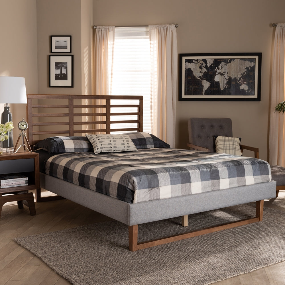 Luciana Light Grey Fabric and Ash Walnut Brown Finished Wood King Size Bed