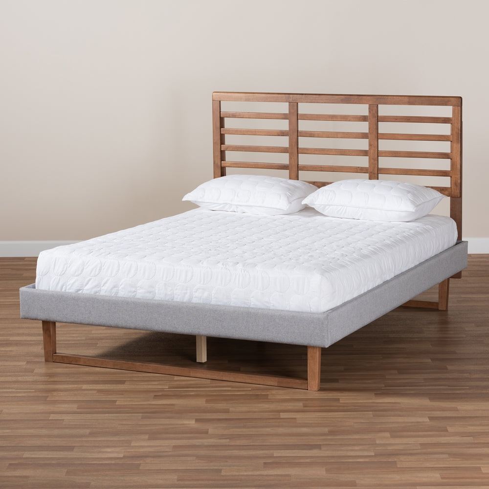 Luciana Light Grey Fabric and Ash Walnut Brown Finished Queen Size Bed