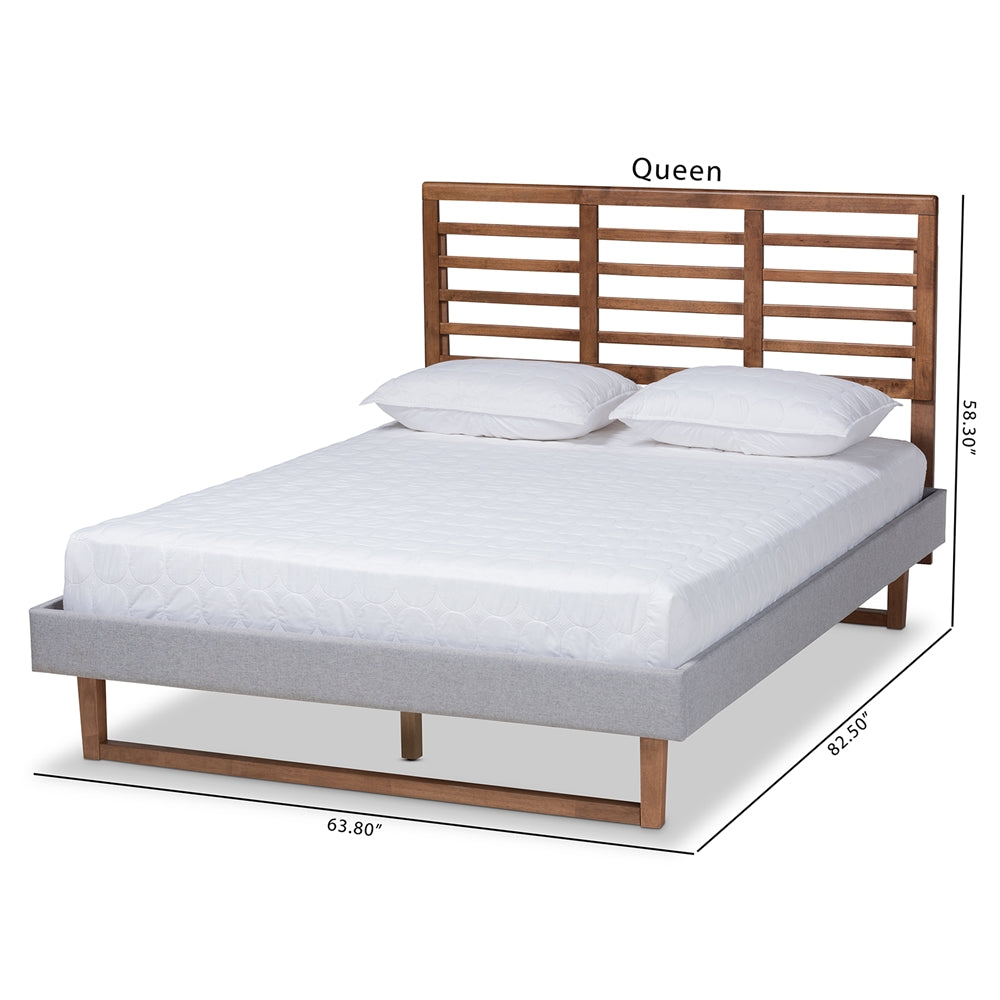 Luciana Light Grey Fabric and Ash Walnut Brown Finished Queen Size Bed
