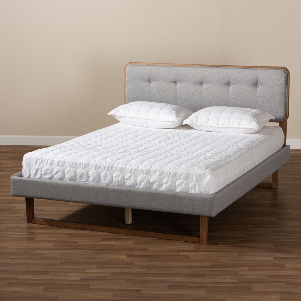 Sofia Bed Queen Platform in Light Grey Fabric and Ash Walnut Finish