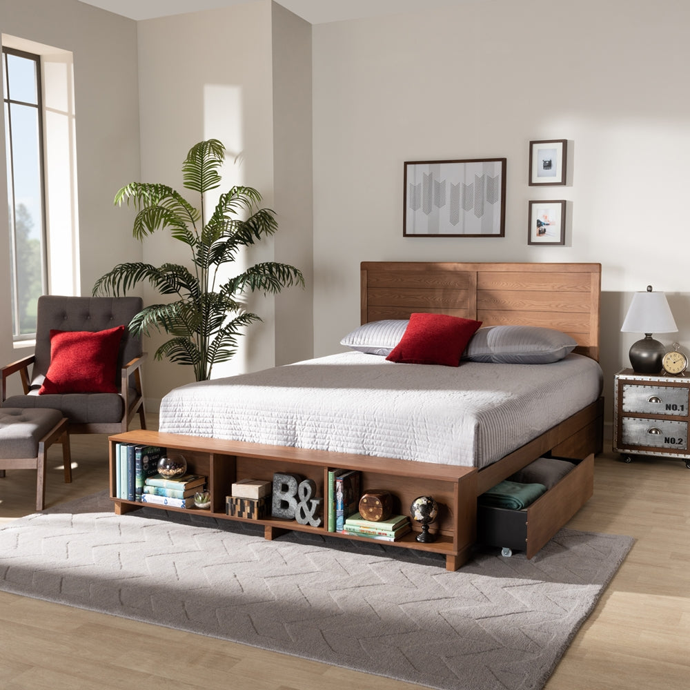 Ute Alba Collection Queen Size Walnut Wood Bed – Contemporary Style with Built-in Drawers & Storage Shelves