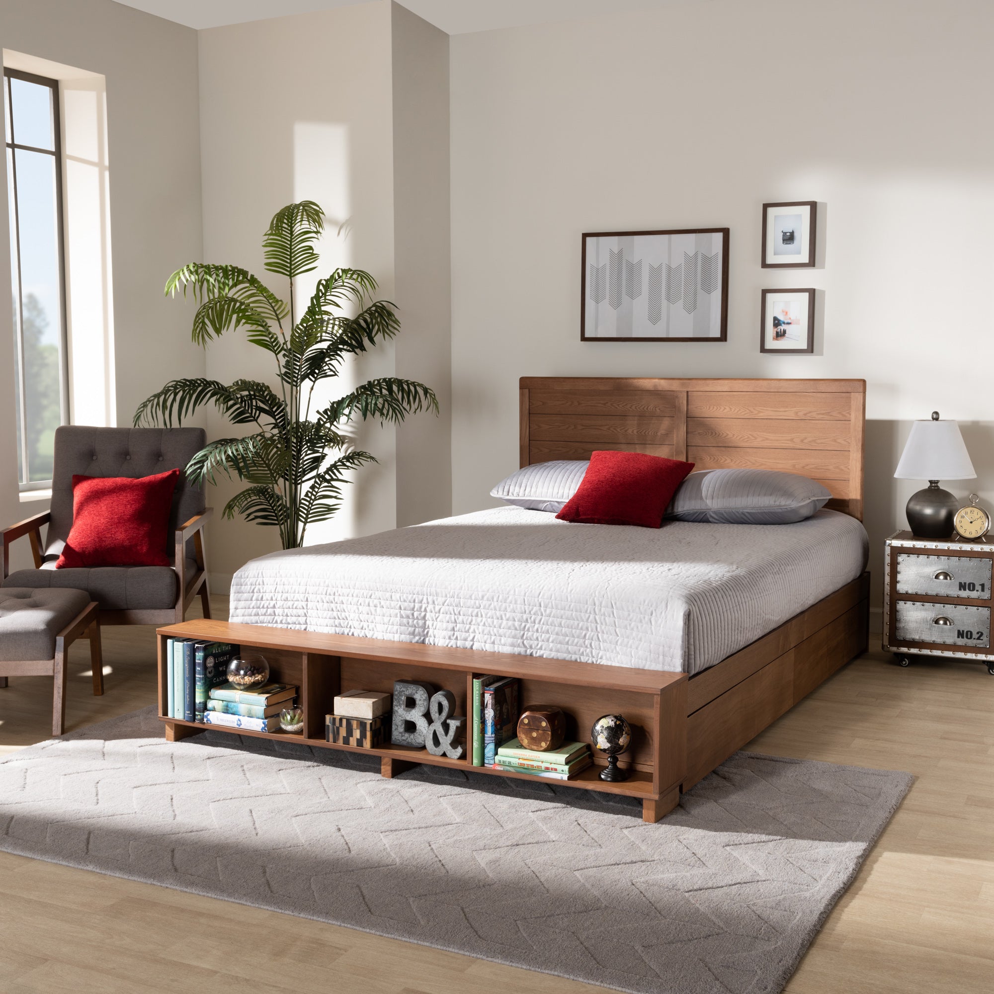Evane Alba Collection Full Size Bed Ash Walnut – Platform Bed with 4 Drawers & Built-In Shelves