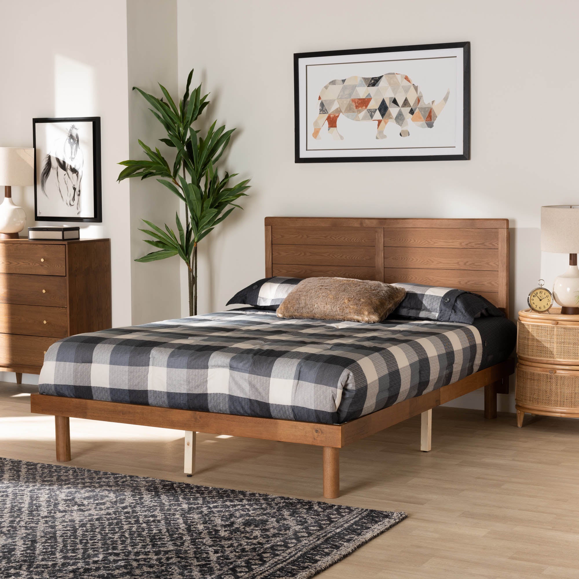 Abrosia Mid-Century Modern Full Platform Bed – Ash Walnut Wood with Adjustable Headboard