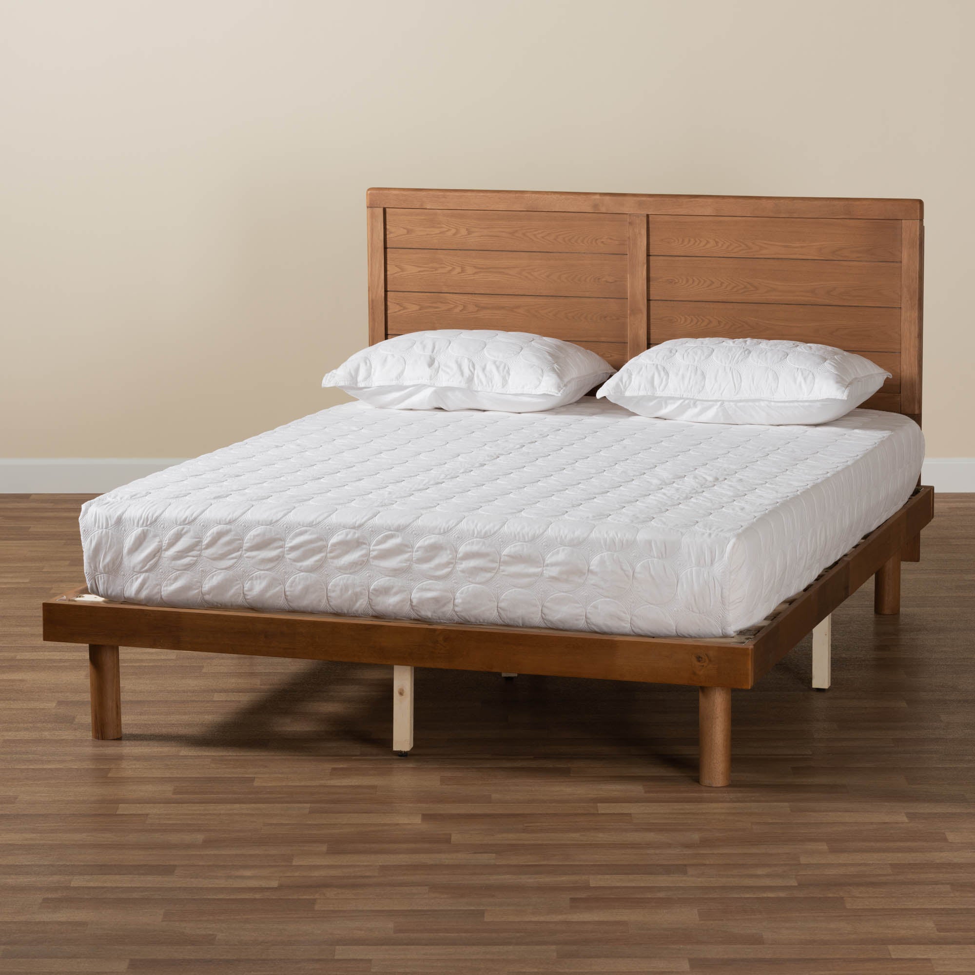 Barclay Queen Walnut Mid-Century Modern Platform Bed – Adjustable Headboard & Wood Slats
