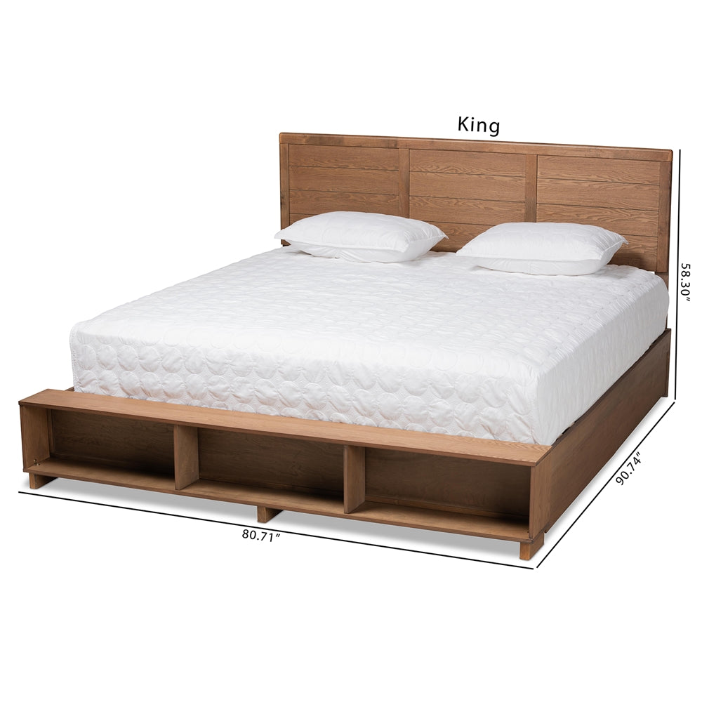 Mayln Alba King Walnut Brown Wood Bed – Modern Design with 4-Drawer Storage & Shelves
