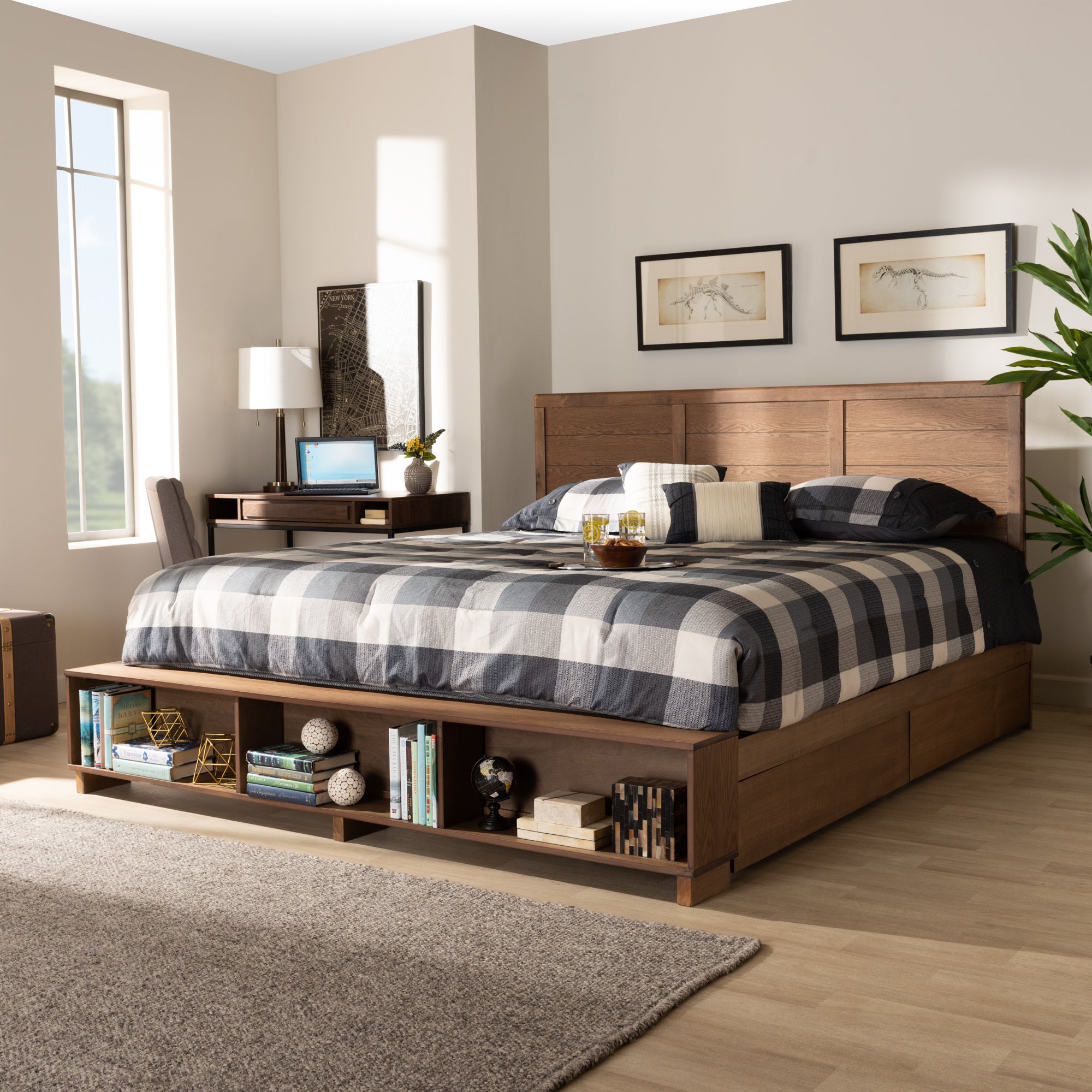 Mayln Alba King Walnut Brown Wood Bed – Modern Design with 4-Drawer Storage & Shelves