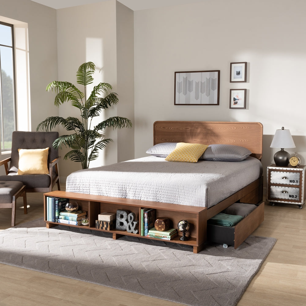 Vita Ash Walnut Queen Size Bed Modern with 4-Drawer Storage Platform Bed