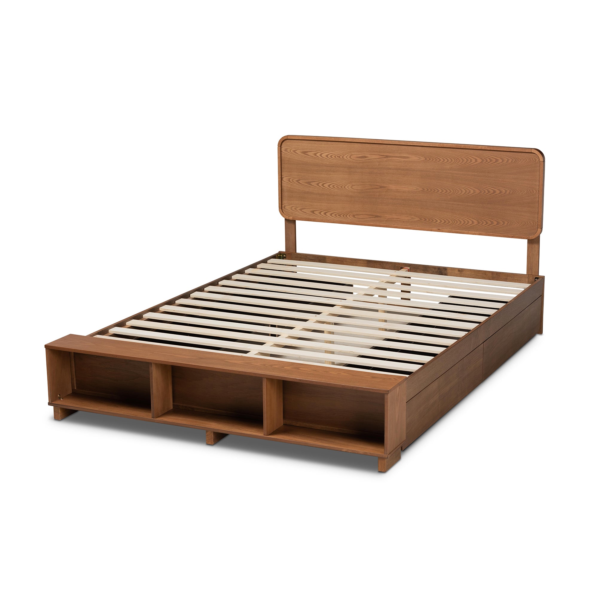 Vita Ash Walnut Queen Size Bed Modern with 4-Drawer Storage Platform Bed