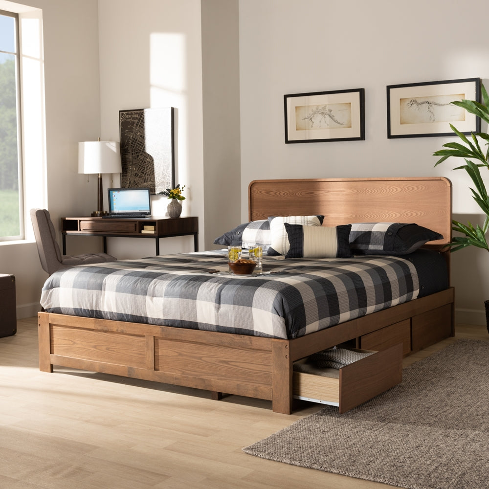 Eleni Ash Walnut Brown Finished Wood Queen Size 3-Drawer Platform Storage Bed