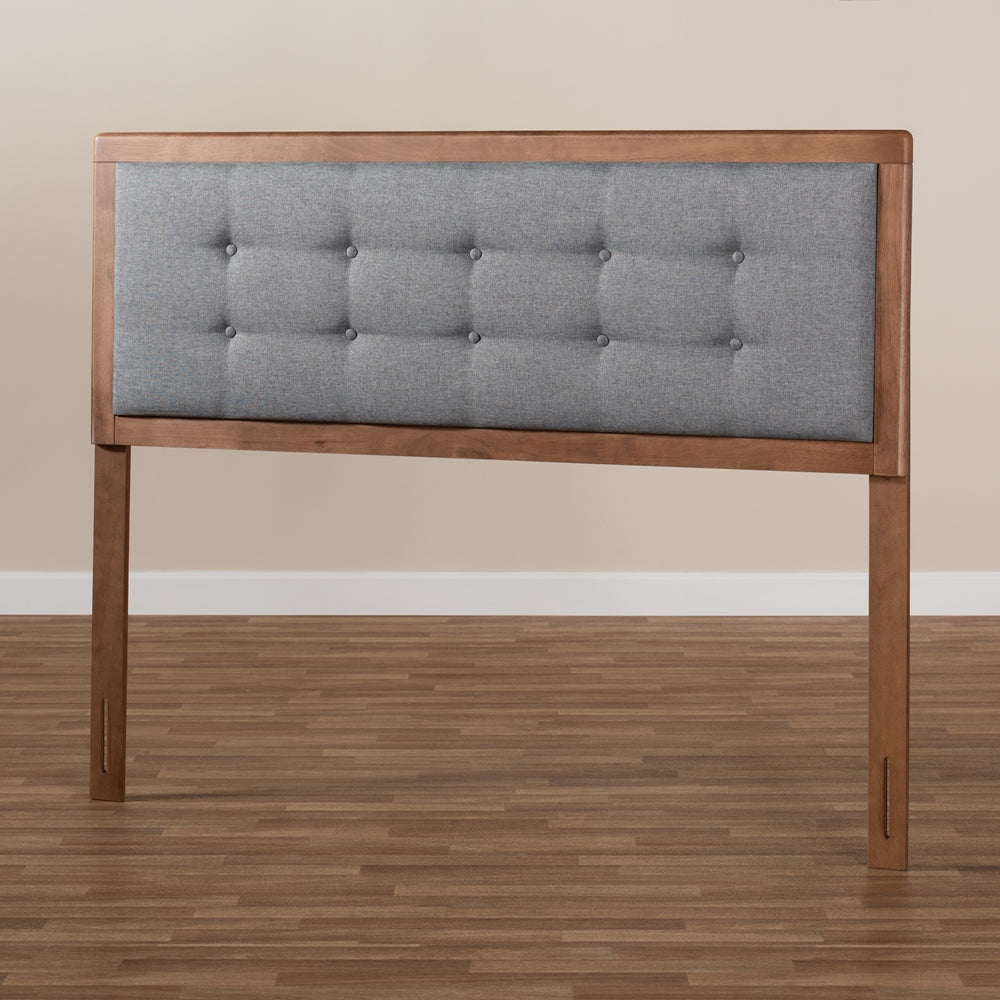 Sarine Mid-Century Modern Dark Grey Fabric Upholstered Walnut Brown Finished Wood Queen Size Headboard