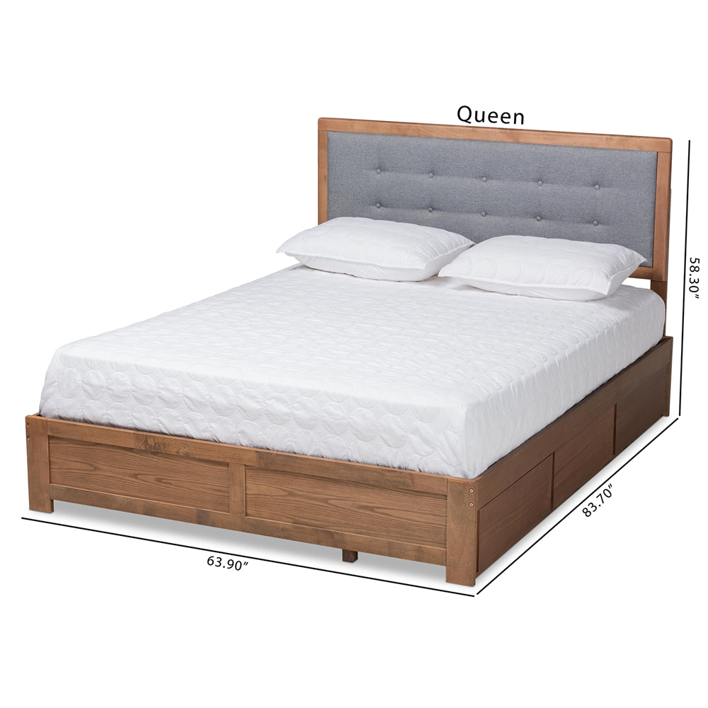 Lene Queen Bed Grey Fabric, Walnut Finish with 3-Drawer Storage