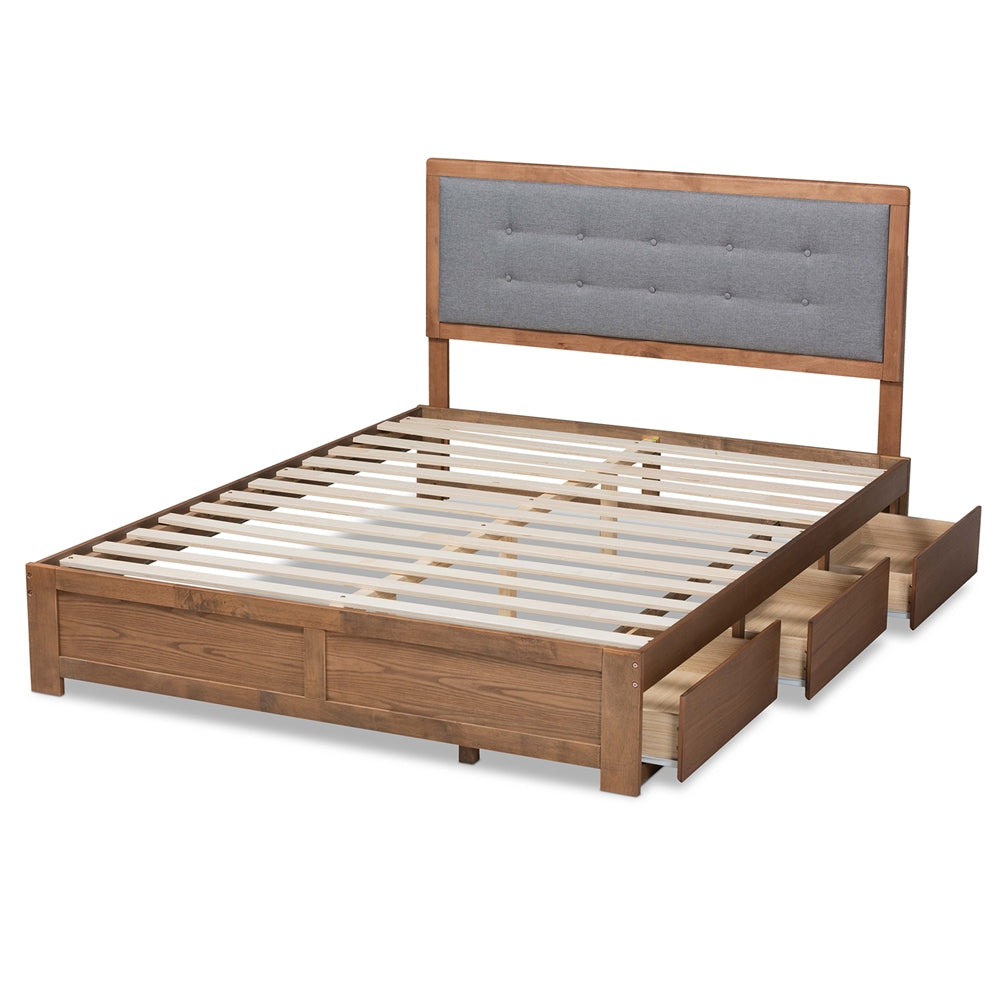 Lene Queen Bed Grey Fabric, Walnut Finish with 3-Drawer Storage