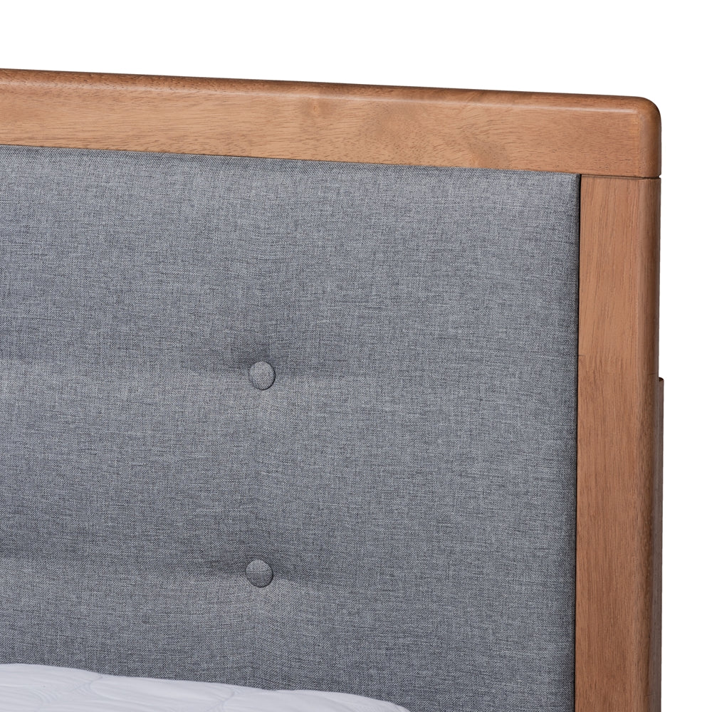 Lene Queen Bed Grey Fabric, Walnut Finish with 3-Drawer Storage