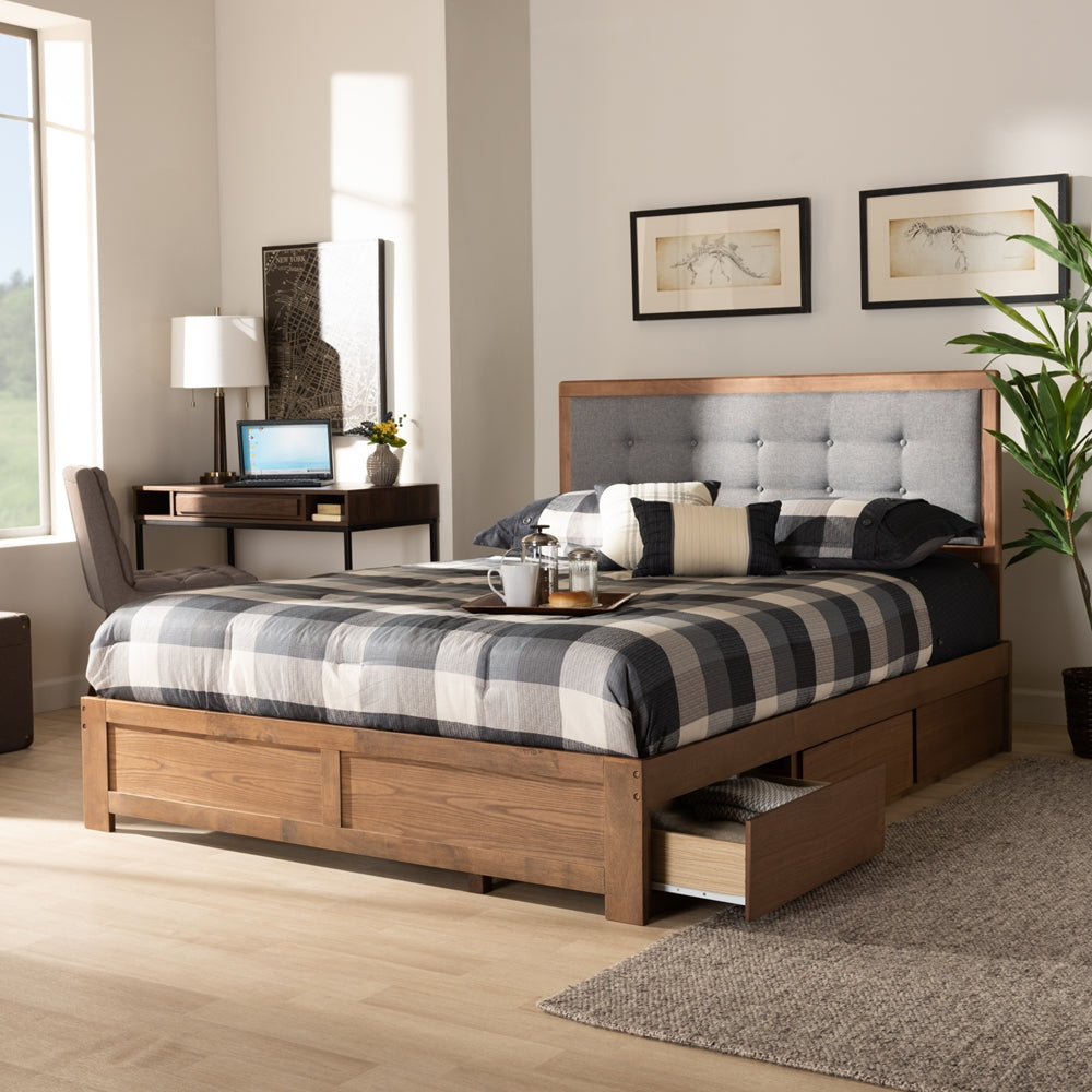Lene King Bed Modern Grey Fabric Walnut Wood with 3-Drawer Storage