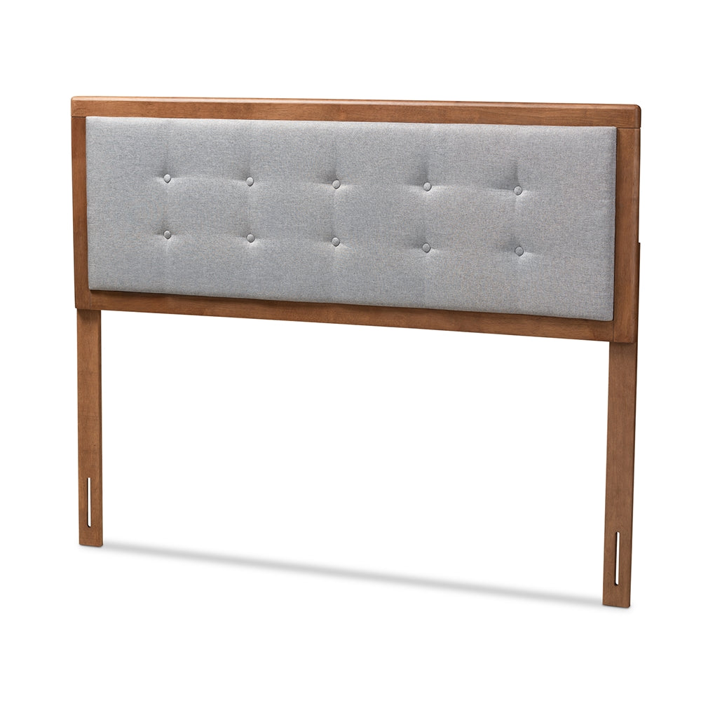 Sarine Mid-Century Modern Light Grey Fabric Upholstered Walnut Brown Finished Wood Full Size Headboard