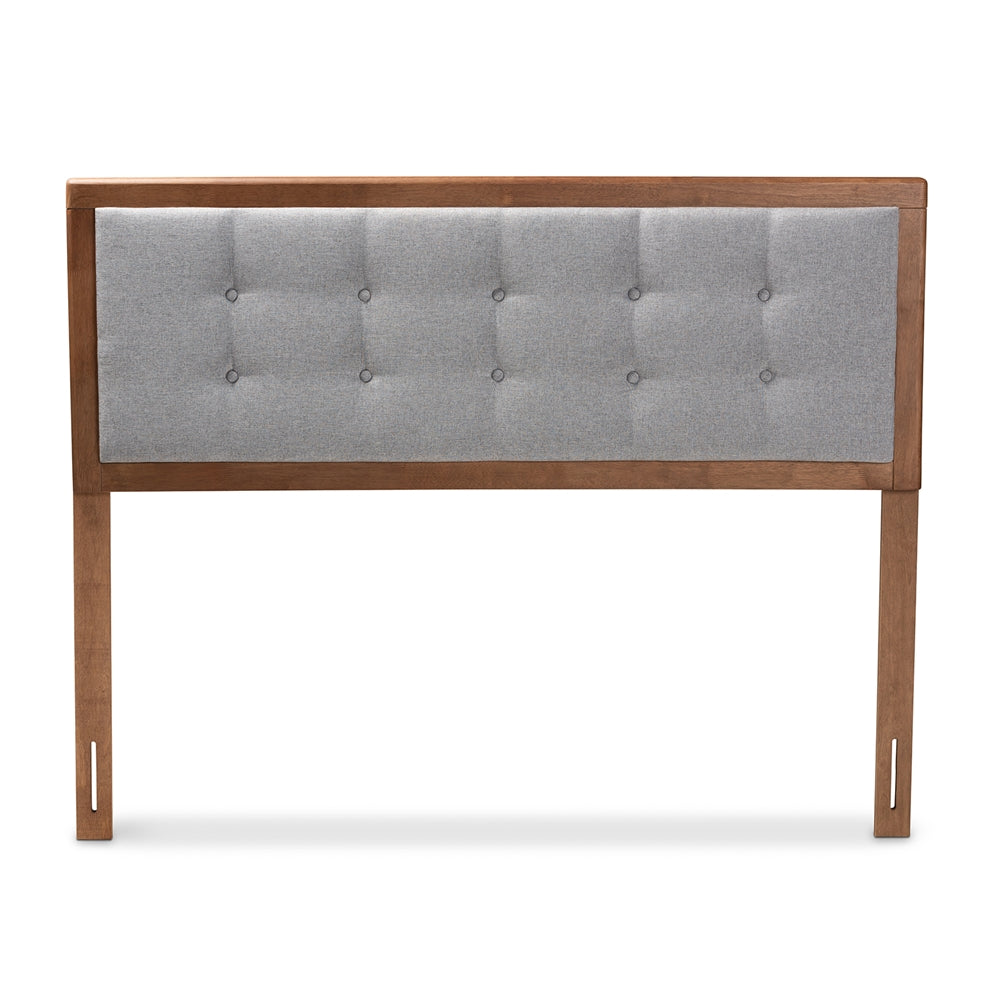 Sarine Mid-Century Modern Light Grey Fabric Upholstered Walnut Brown Finished Wood Full Size Headboard