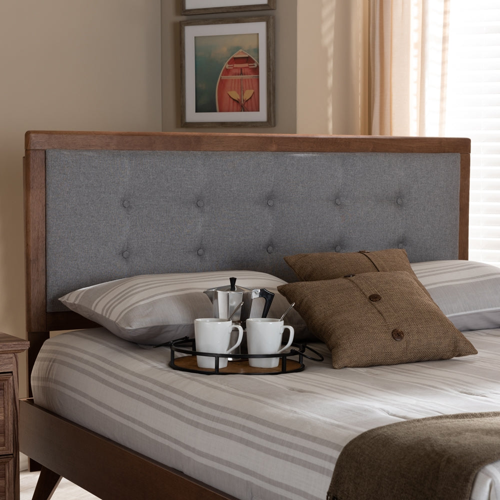 Sarine Mid-Century Modern Light Grey Fabric Upholstered Walnut Brown Finished Wood Queen Size Headboard