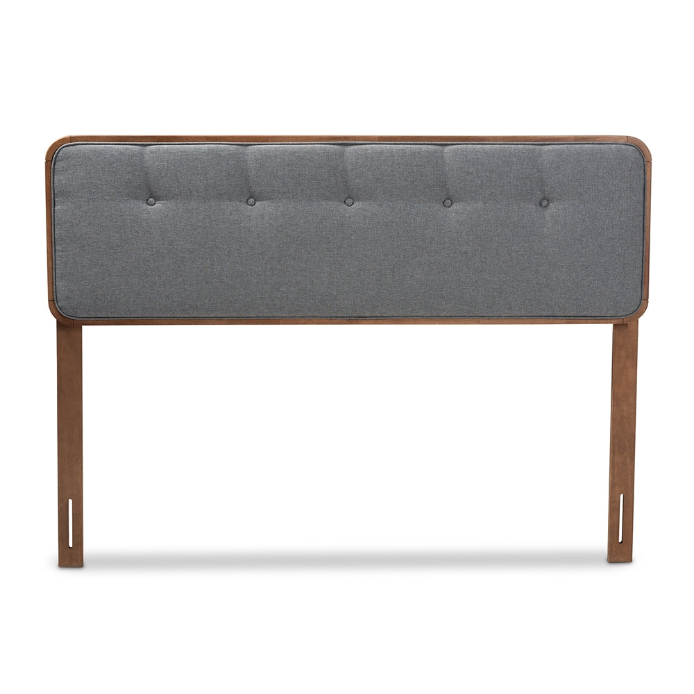 Palina Mid-Century Modern Dark Grey Fabric Upholstered Walnut Brown Finished Wood Queen Size Headboard