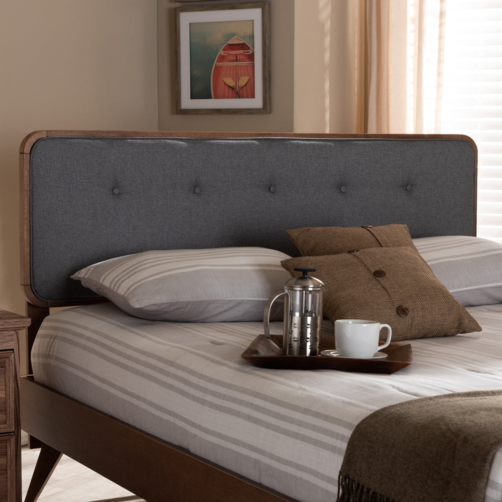 Palina Mid-Century Modern Dark Grey Fabric Upholstered Walnut Brown Finished Wood Queen Size Headboard