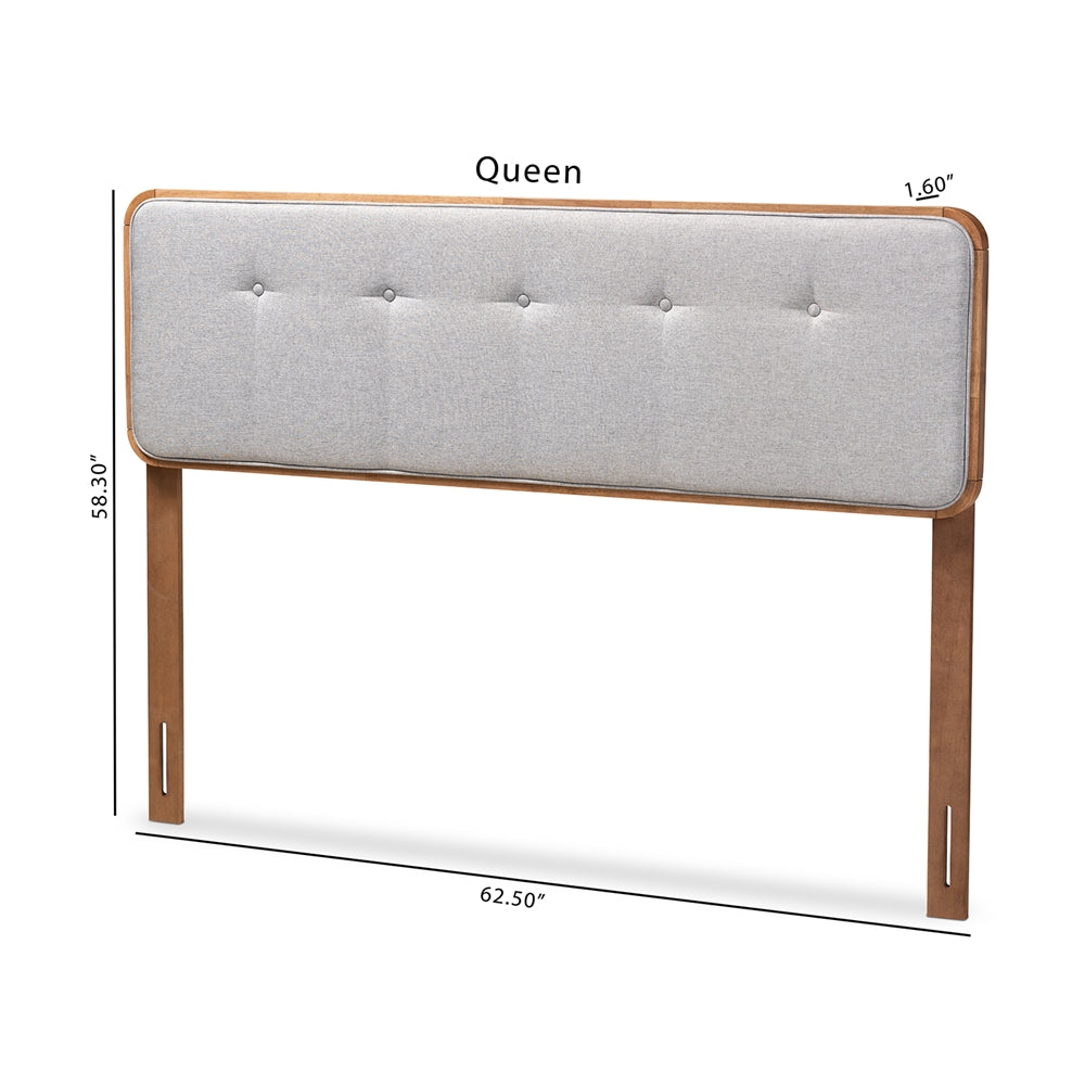 Palina Mid-Century Modern Light Grey Fabric Upholstered Walnut Brown Finished Wood Queen Size Headboard