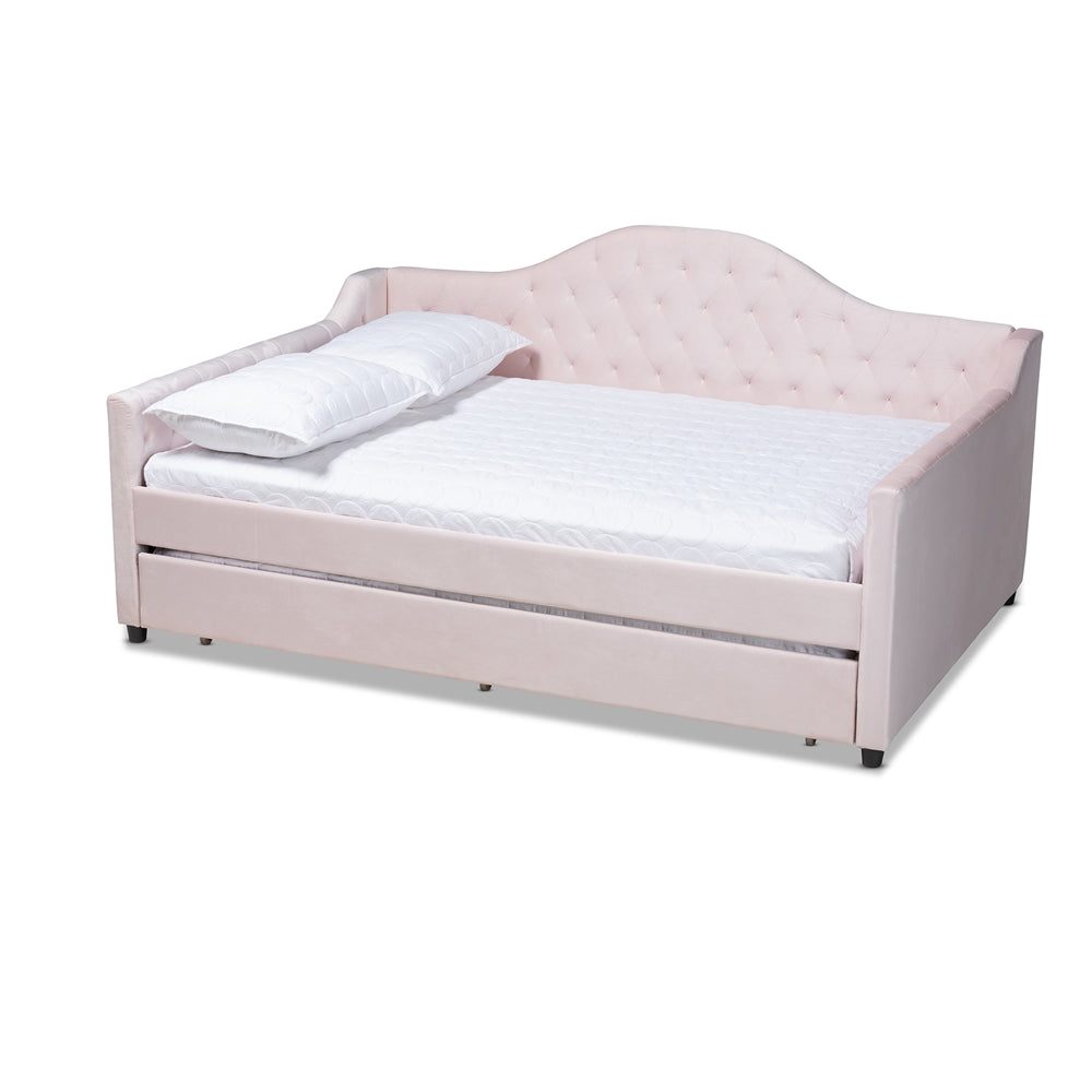 Perry Modern And Contemporary Light Pink Velvet Fabric Upholstered And Button Tufted Full Size Daybed With Trundle