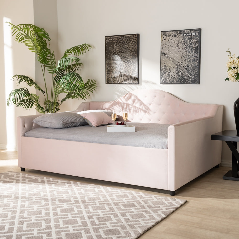 Perry Queen Size Daybed Light Pink Velvet Tufted Upholstery