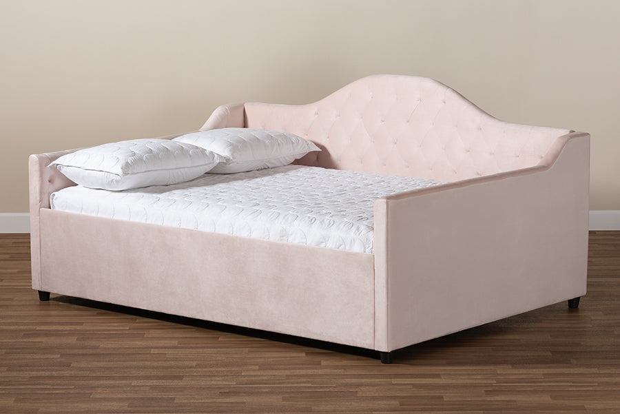 Perry Queen Size Daybed Light Pink Velvet Tufted Upholstery