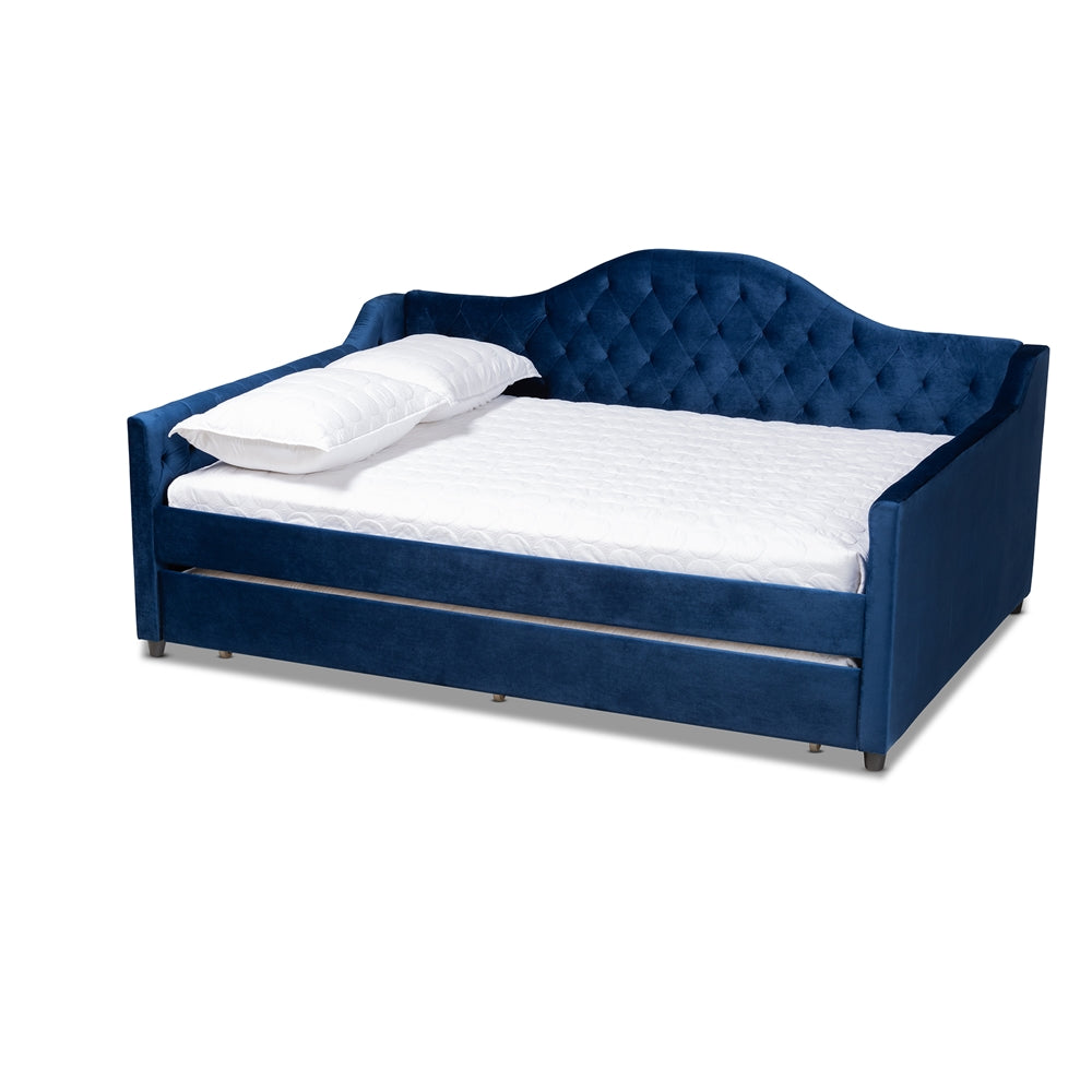 Perry Royal Blue Velvet Fabric Upholstered and Button Tufted Queen Size Daybed with Trundle