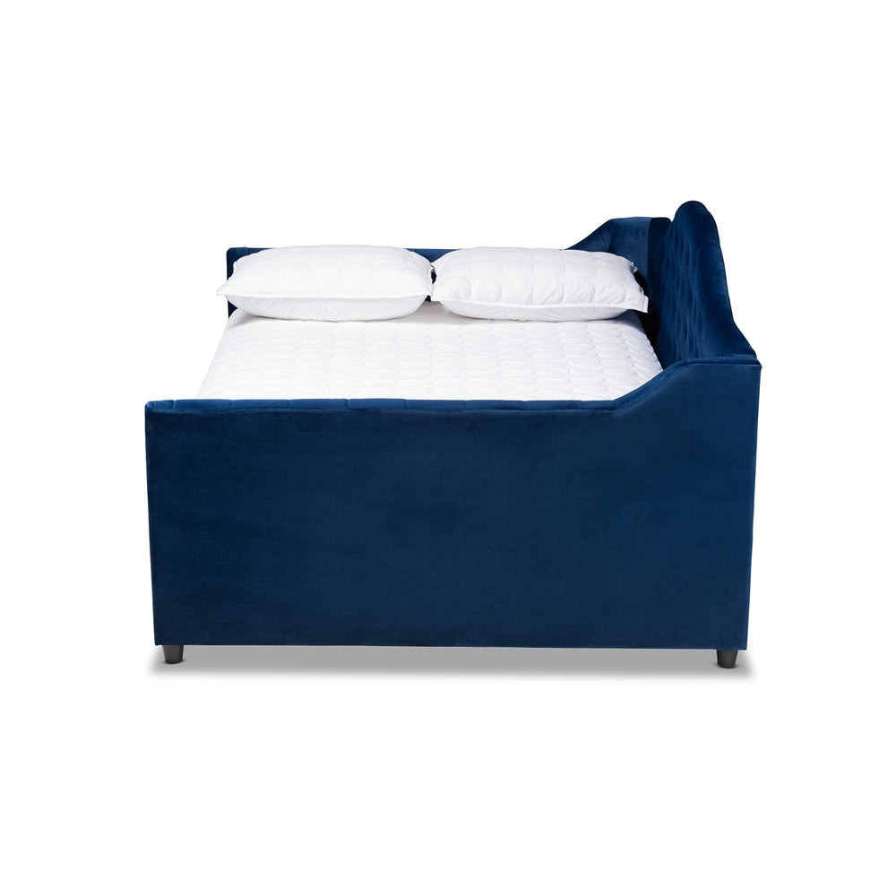 Perry Royal Blue Velvet Fabric Upholstered and Button Tufted Queen Size Daybed with Trundle