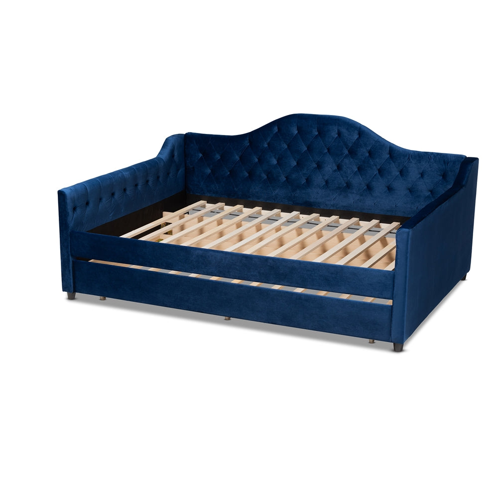 Perry Royal Blue Velvet Fabric Upholstered and Button Tufted Queen Size Daybed with Trundle