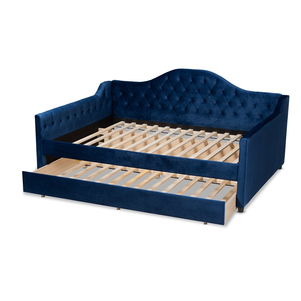 Perry Royal Blue Velvet Fabric Upholstered and Button Tufted Queen Size Daybed with Trundle