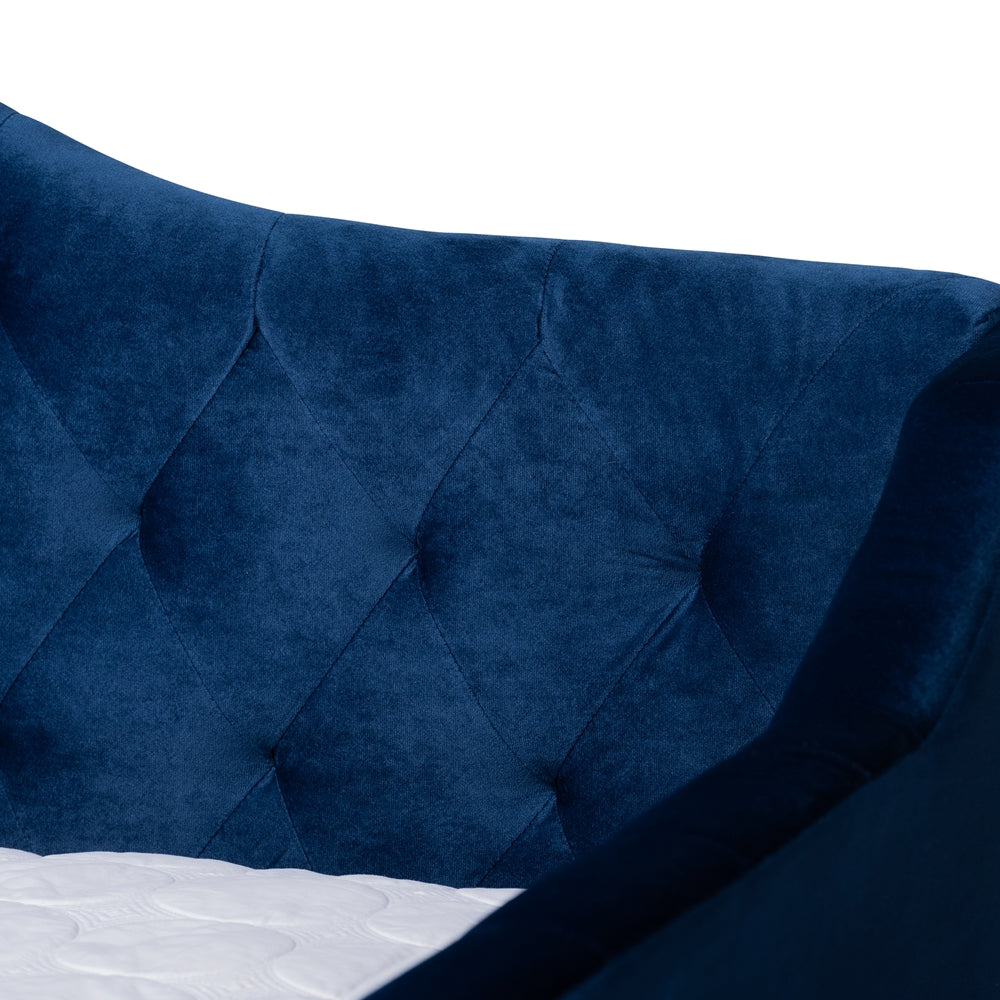 Perry Royal Blue Velvet Fabric Upholstered and Button Tufted Queen Size Daybed with Trundle