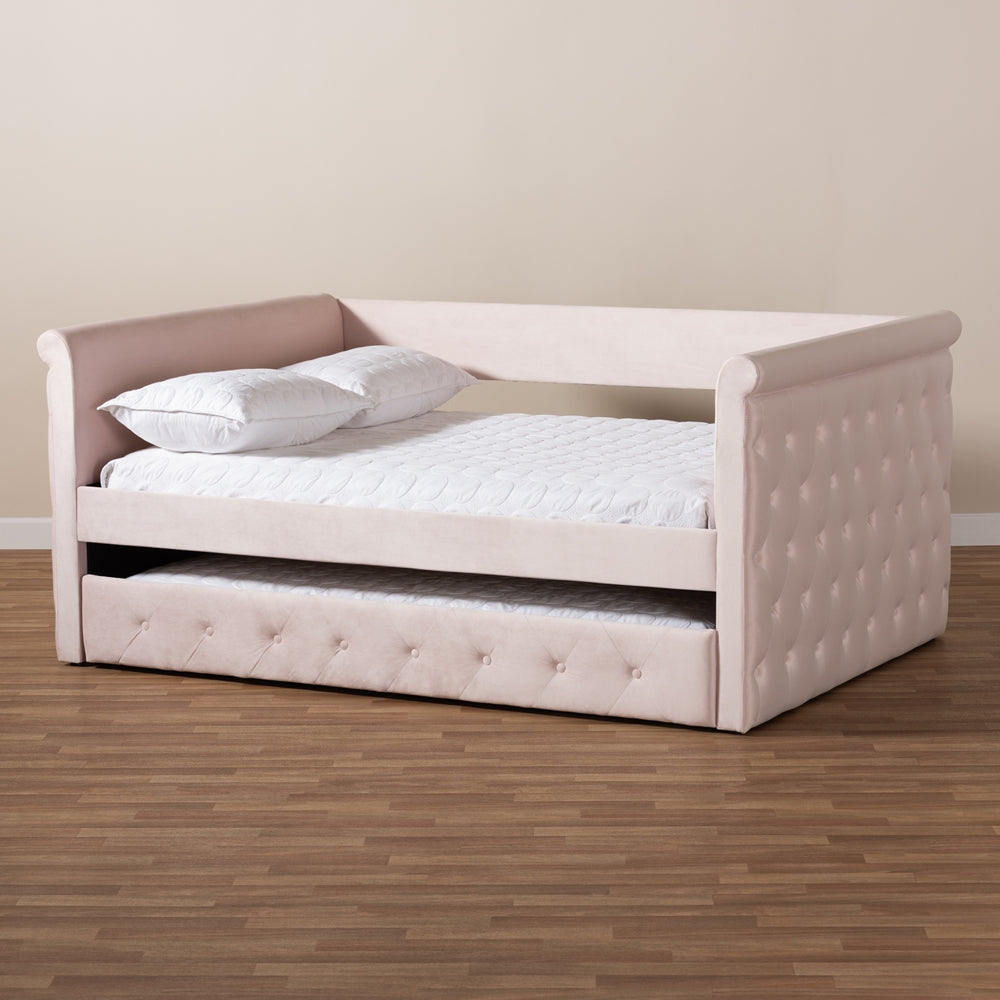 Amaya Light Pink Velvet Fabric Upholstered Full Size Daybed With Trundle