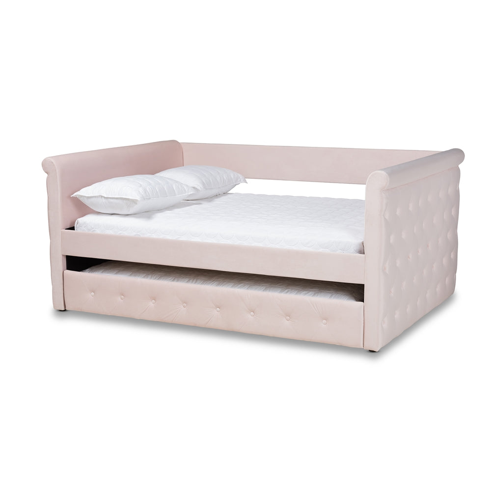 Amaya Light Pink Velvet Fabric Upholstered Full Size Daybed With Trundle