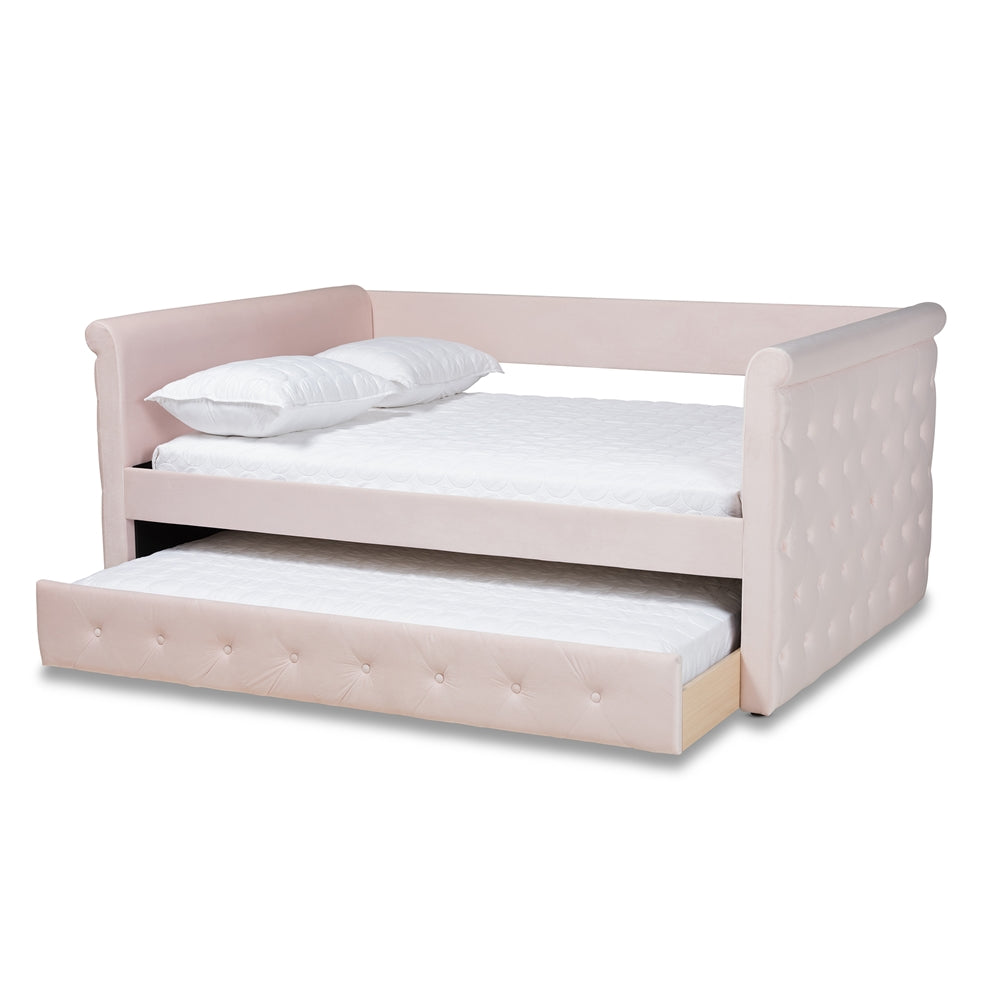 Amaya Light Pink Velvet Fabric Upholstered Full Size Daybed With Trundle
