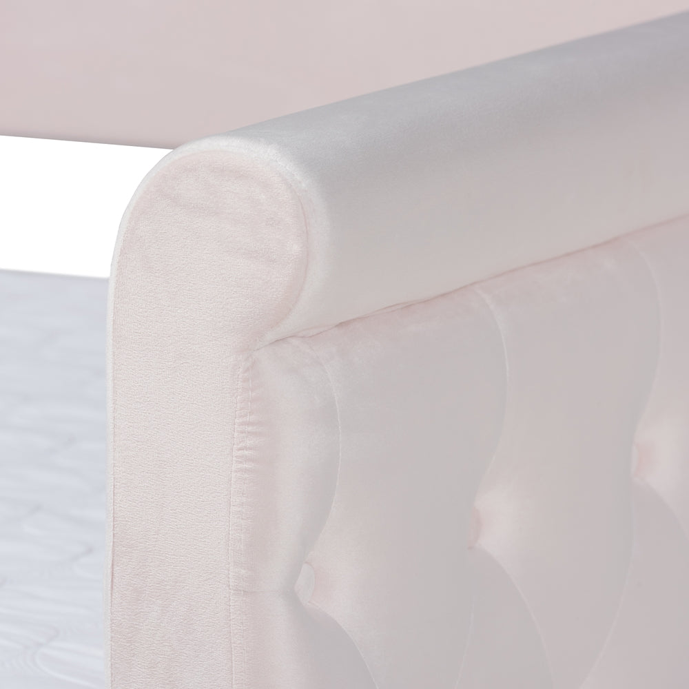 Amaya Light Pink Velvet Fabric Upholstered Full Size Daybed With Trundle